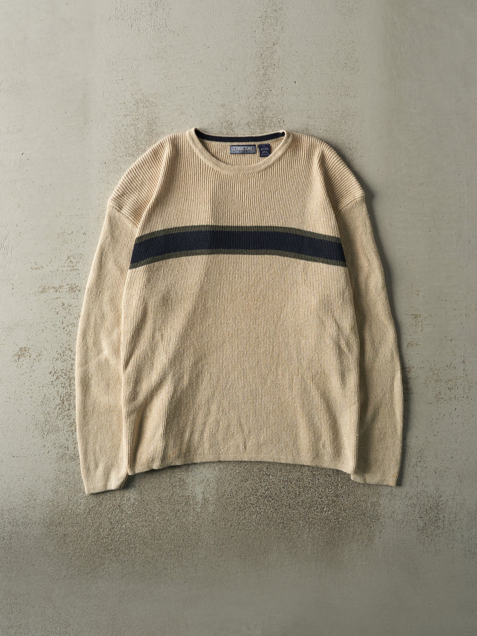 Vintage Y2K Beige & Green Striped Knit Pullover (L)