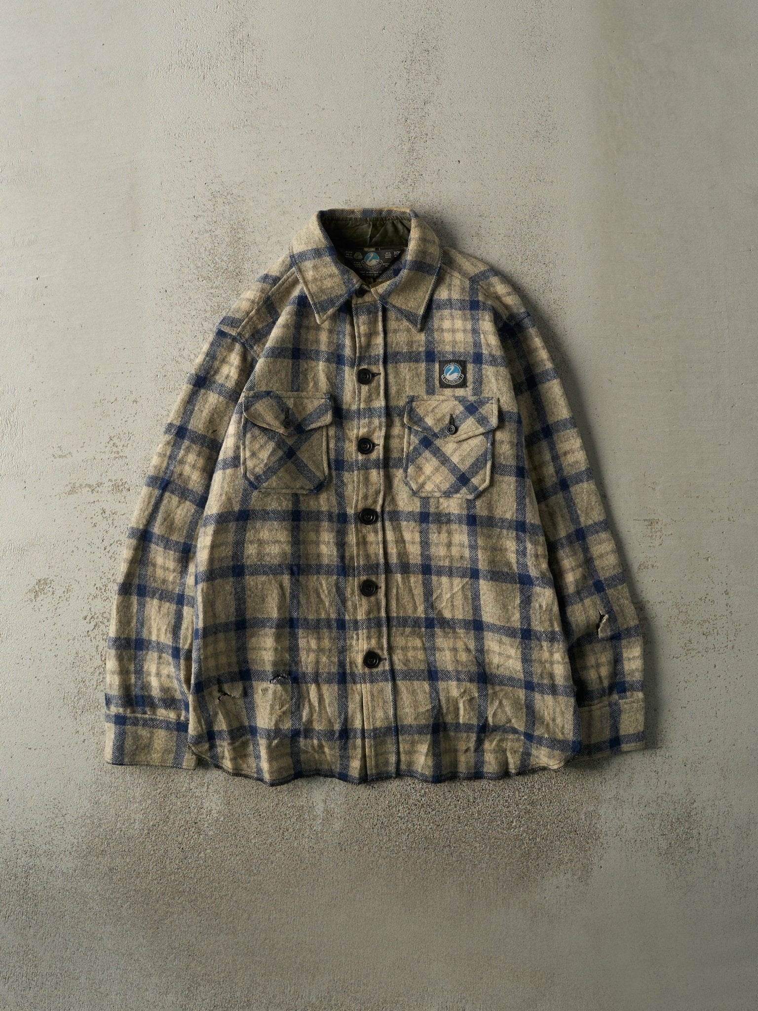Vintage 80s Beige & Blue Wool Plaid Button Up (XL)