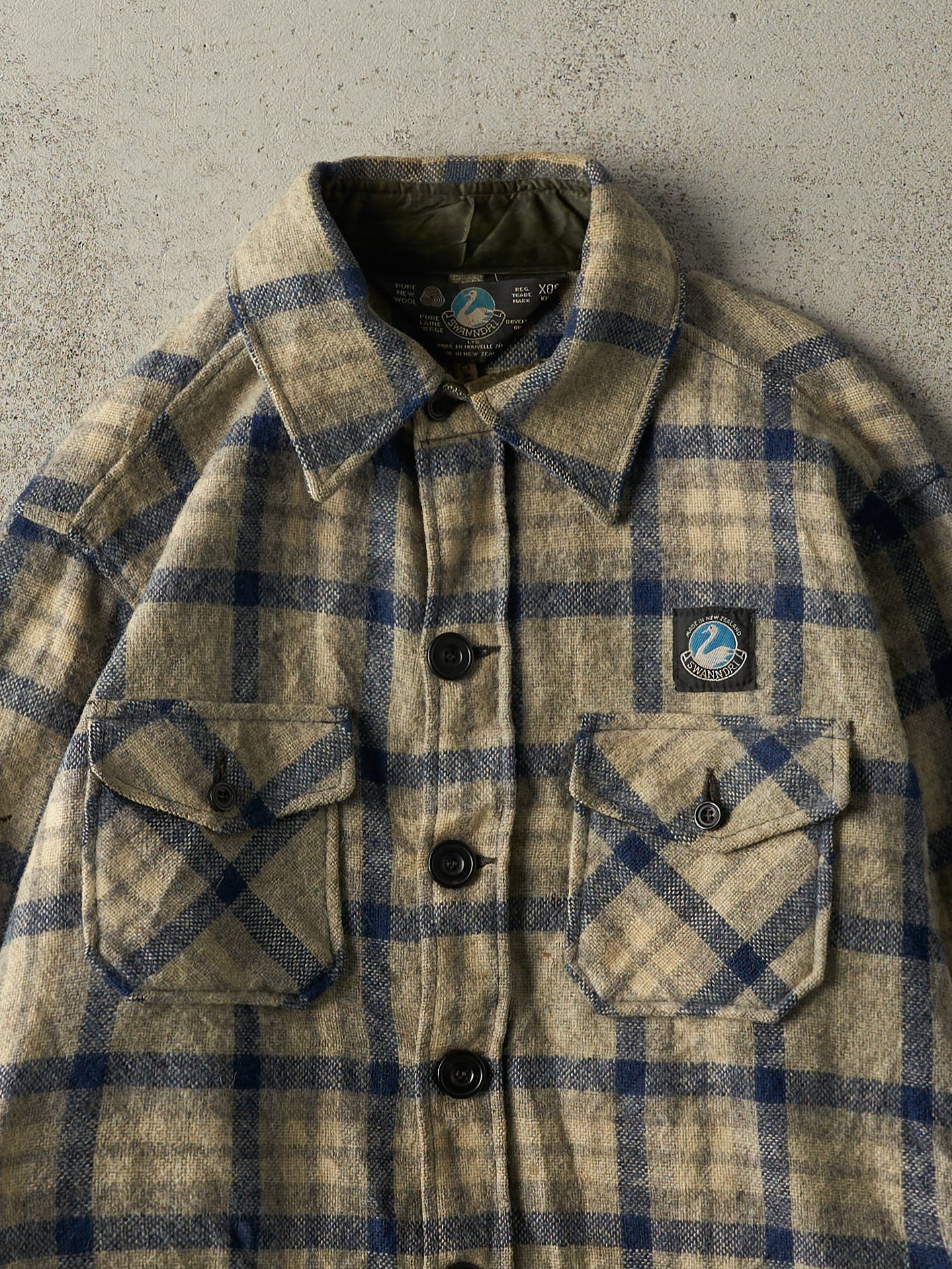Vintage 80s Beige & Blue Wool Plaid Button Up (XL)