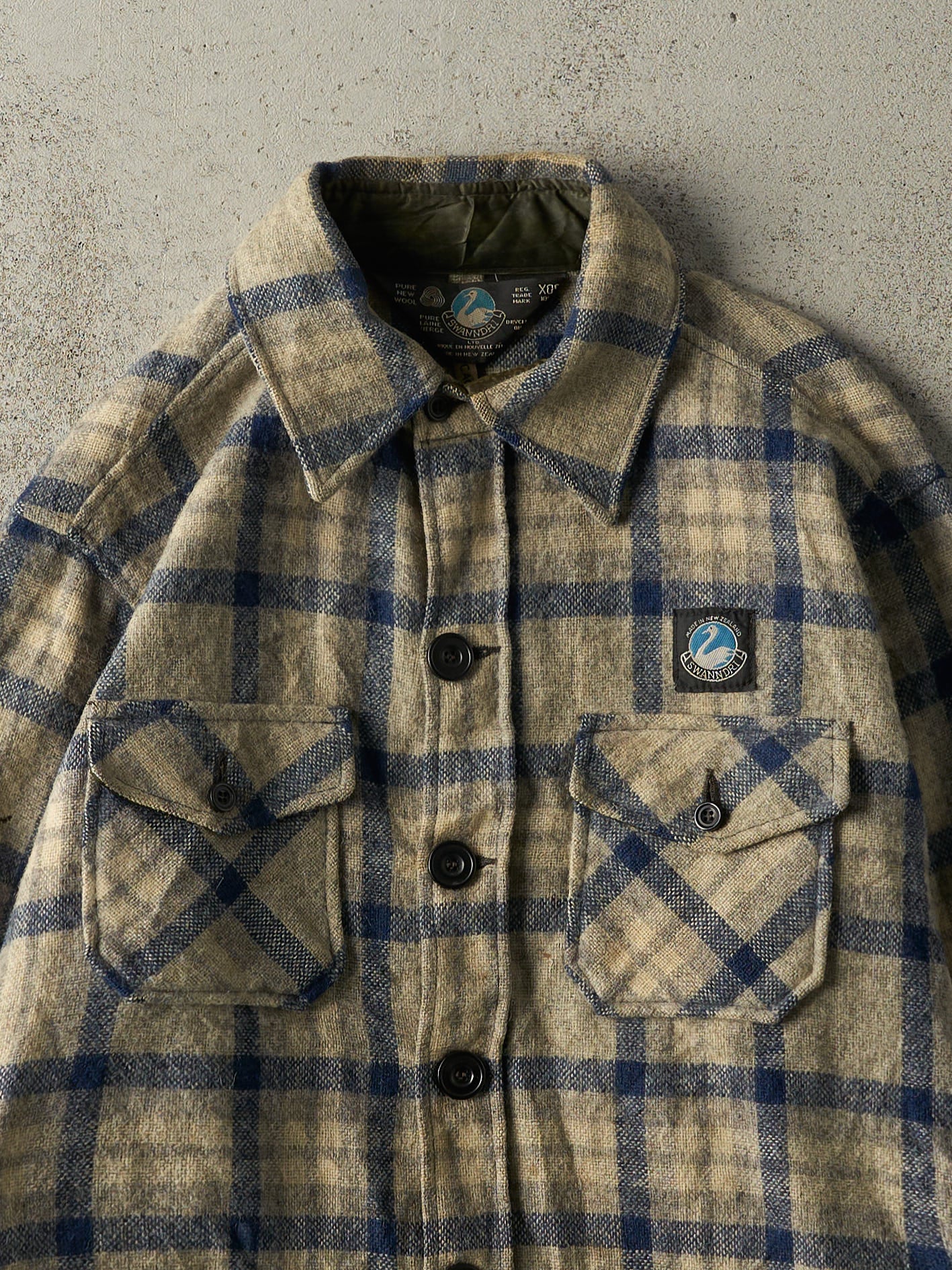 Vintage 80s Beige & Blue Wool Plaid Button Up (M)