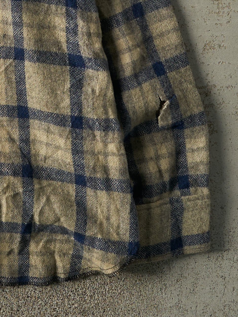 Vintage 80s Beige & Blue Wool Plaid Button Up (XL)