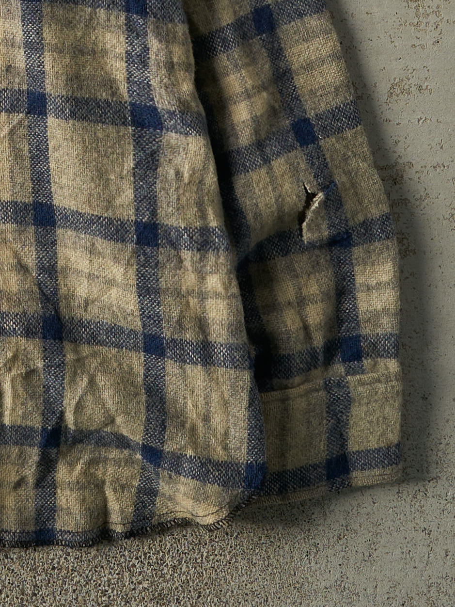 Vintage 80s Beige & Blue Wool Plaid Button Up (M)