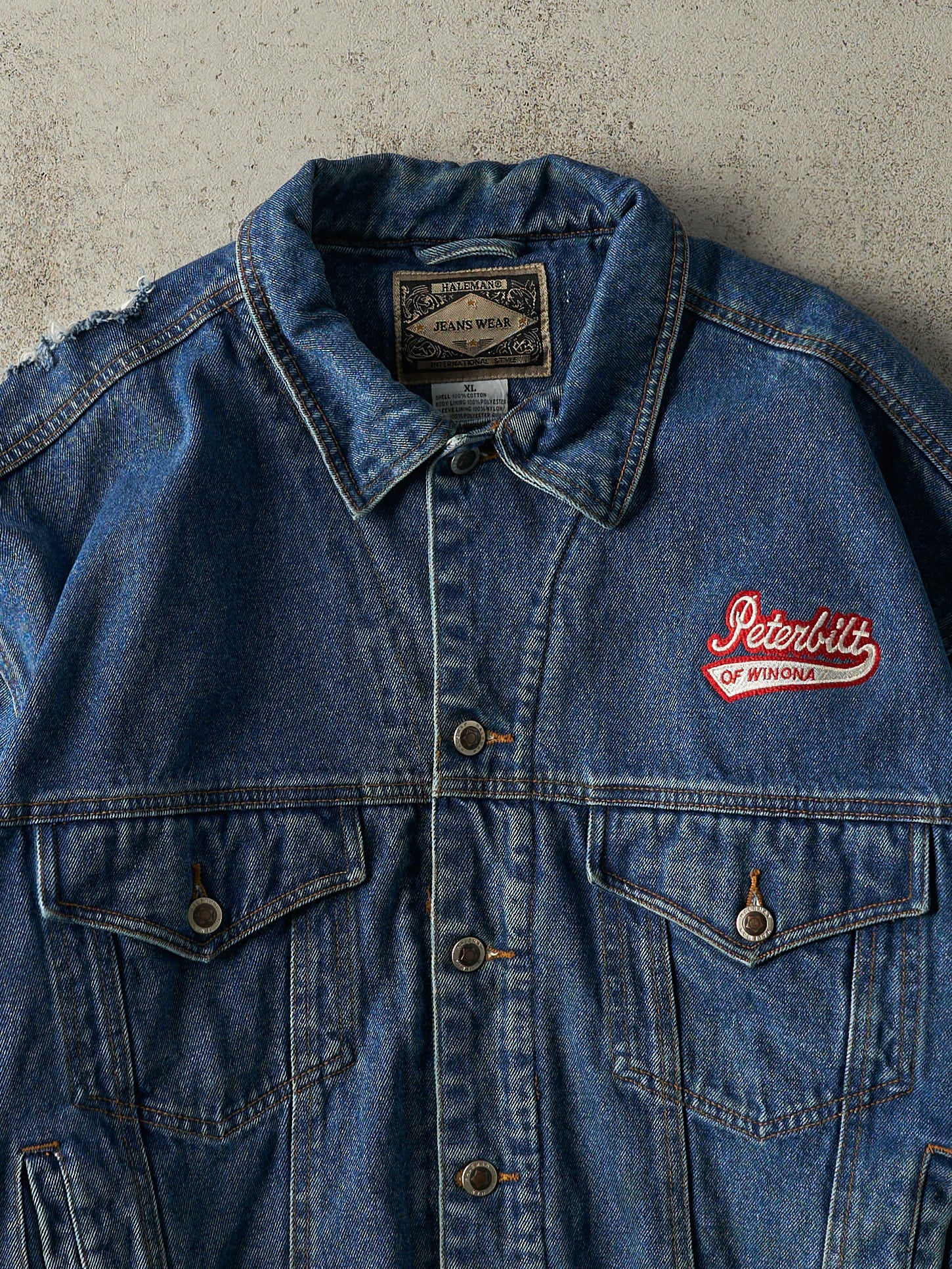 Vintage 90s Mid Wash Embroidered Fleece Lined Denim Jacket (XL)