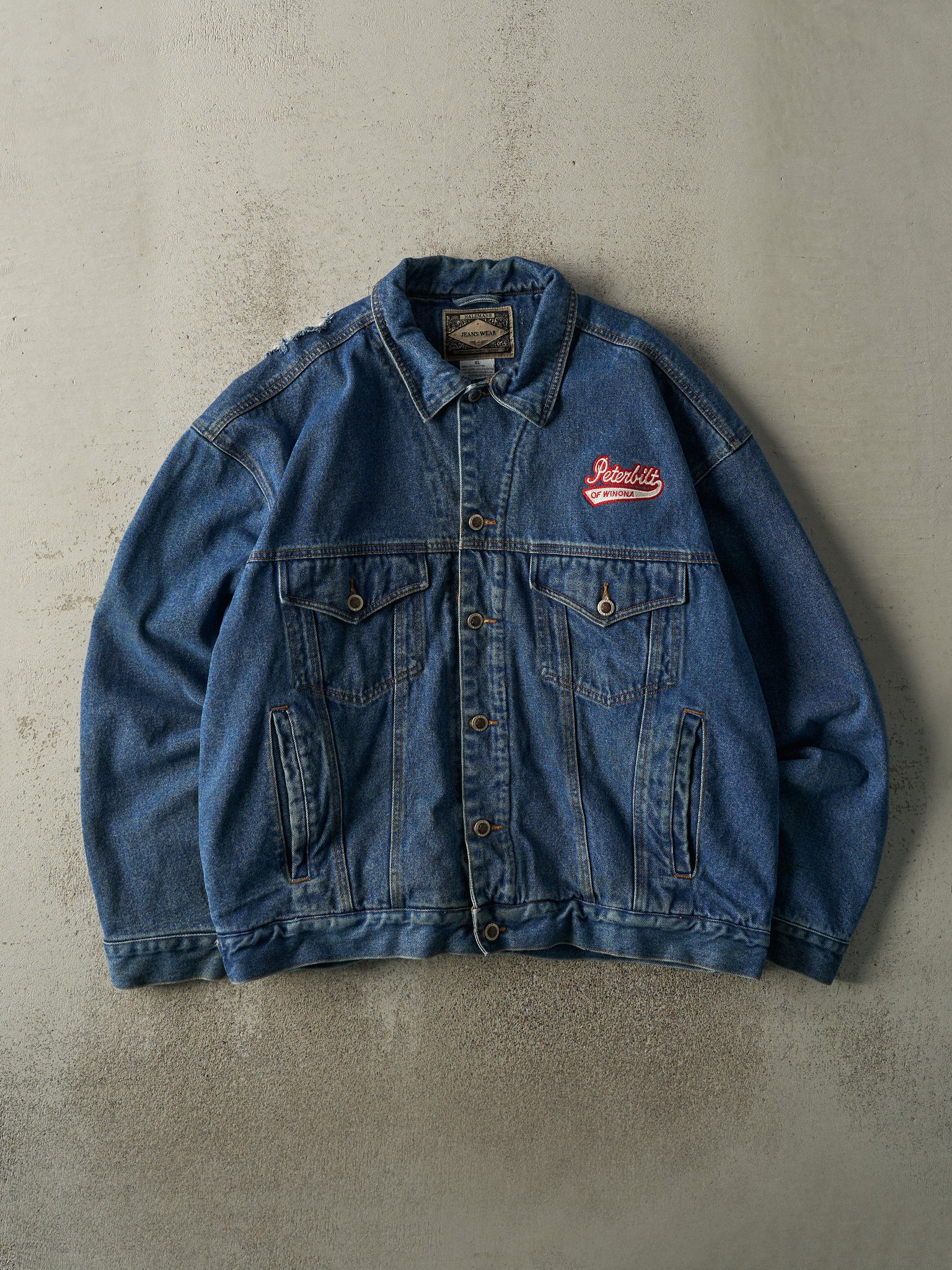 Vintage 90s Mid Wash Embroidered Fleece Lined Denim Jacket (XL)