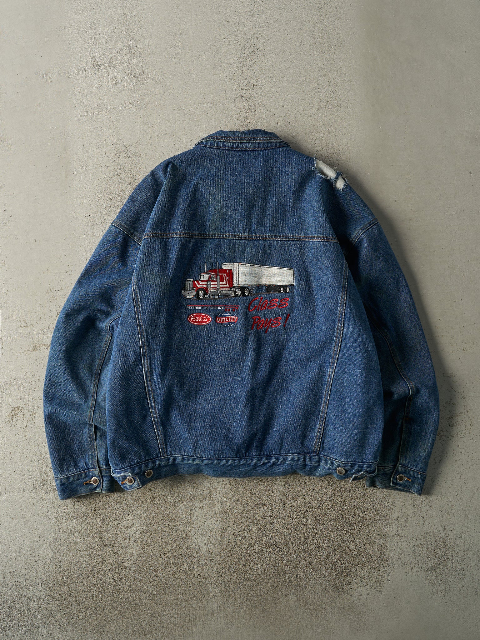 Vintage 90s Mid Wash Embroidered Fleece Lined Denim Jacket (XL)