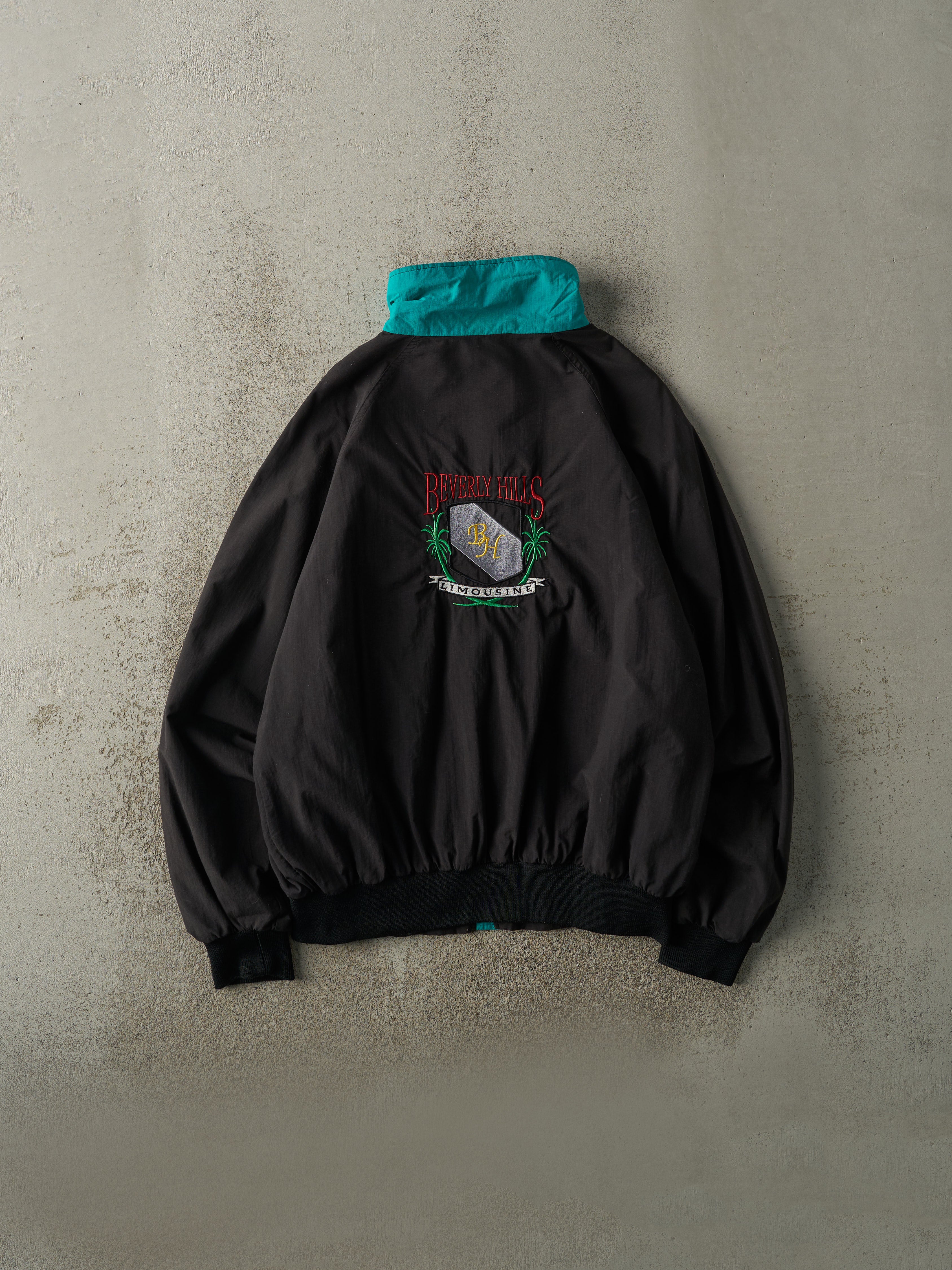 Vintage 80s Black Beverly Hills Limousine Embroidered Windbreaker Jacket (L/XL)
