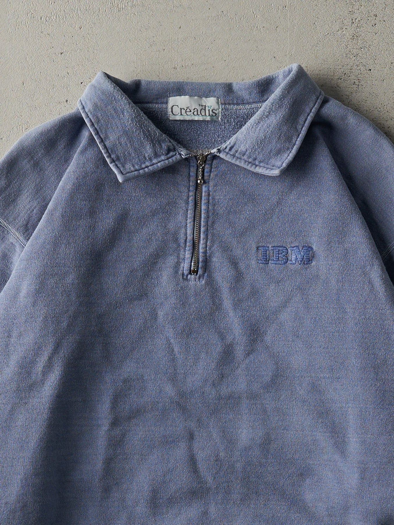 Vintage 90s Washed Blue Embroidered IBM Logo Quarter Zip Sweater (L)