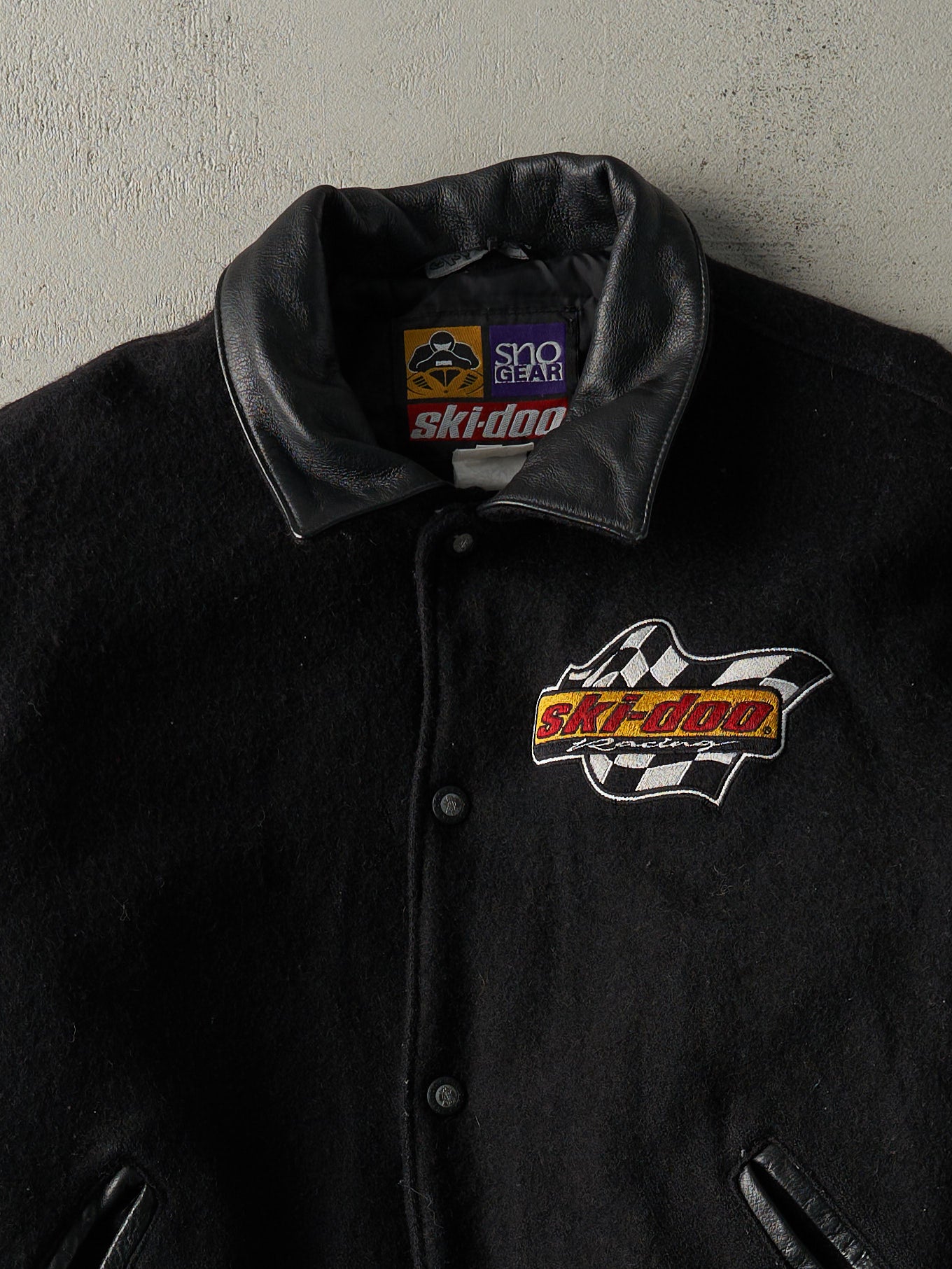 Vintage 90s Black Embroidered Ski-Doo Wool & Leather Varsity Jacket (L)