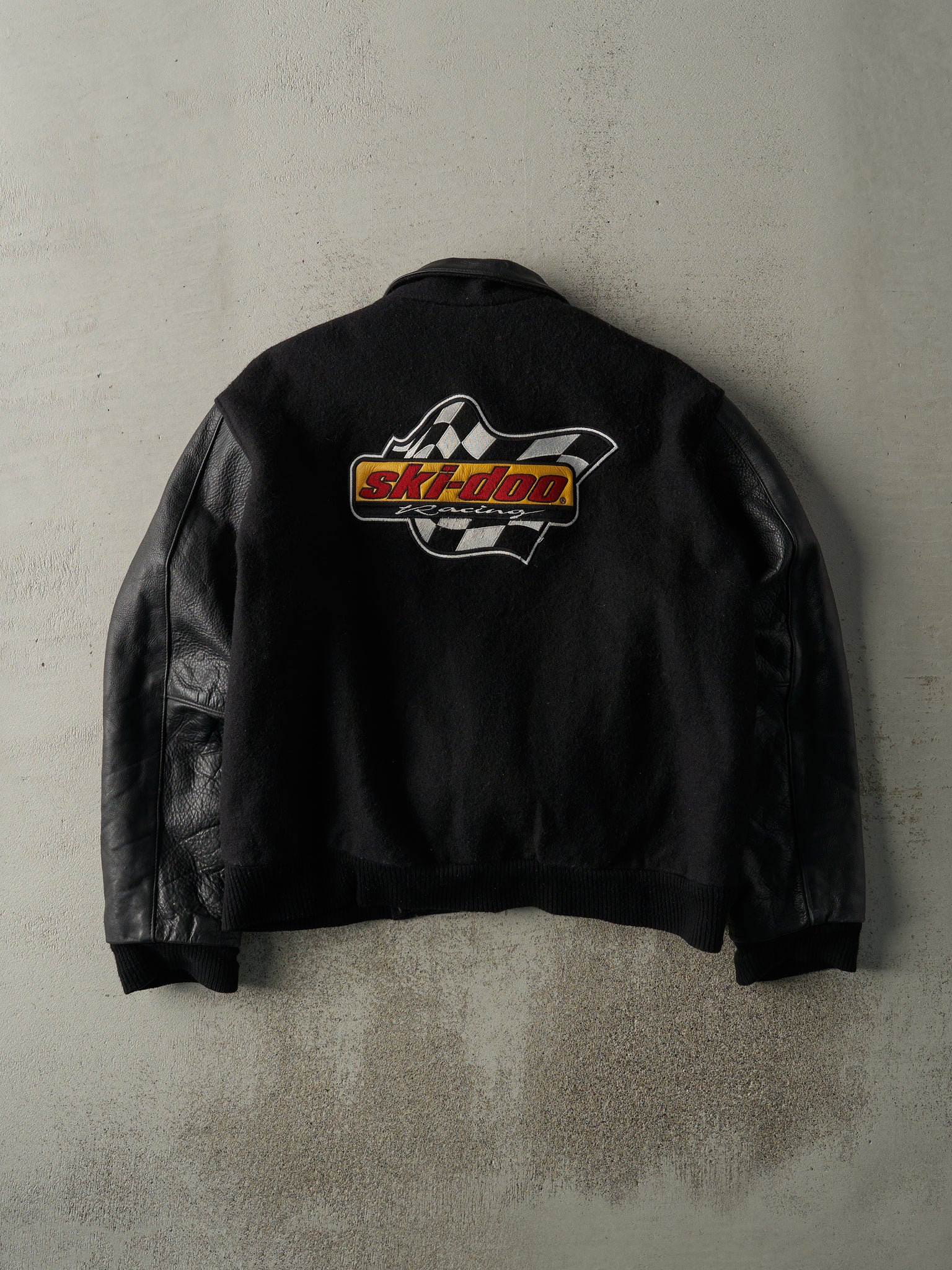 Vintage 90s Black Embroidered Ski-Doo Wool & Leather Varsity Jacket (L)