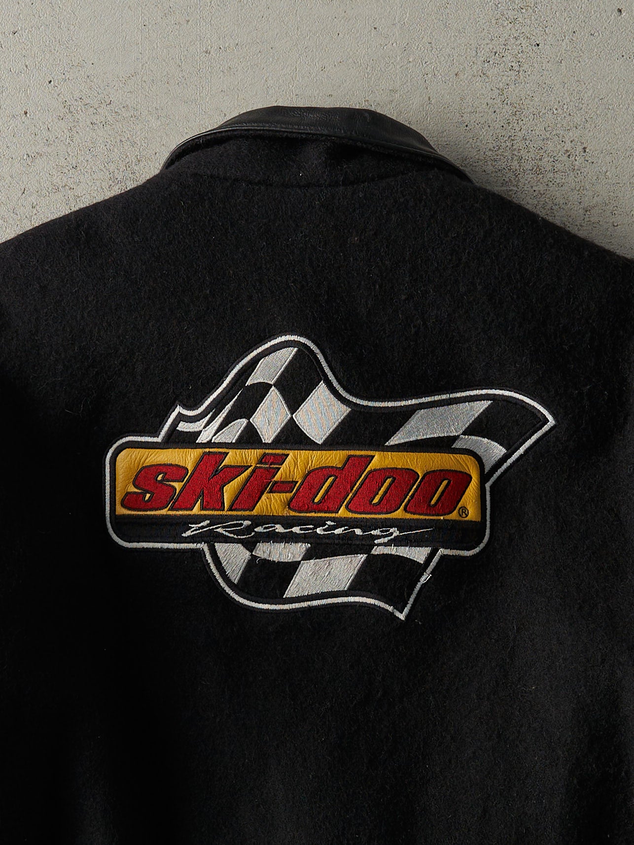 Vintage 90s Black Embroidered Ski-Doo Wool & Leather Varsity Jacket (L)