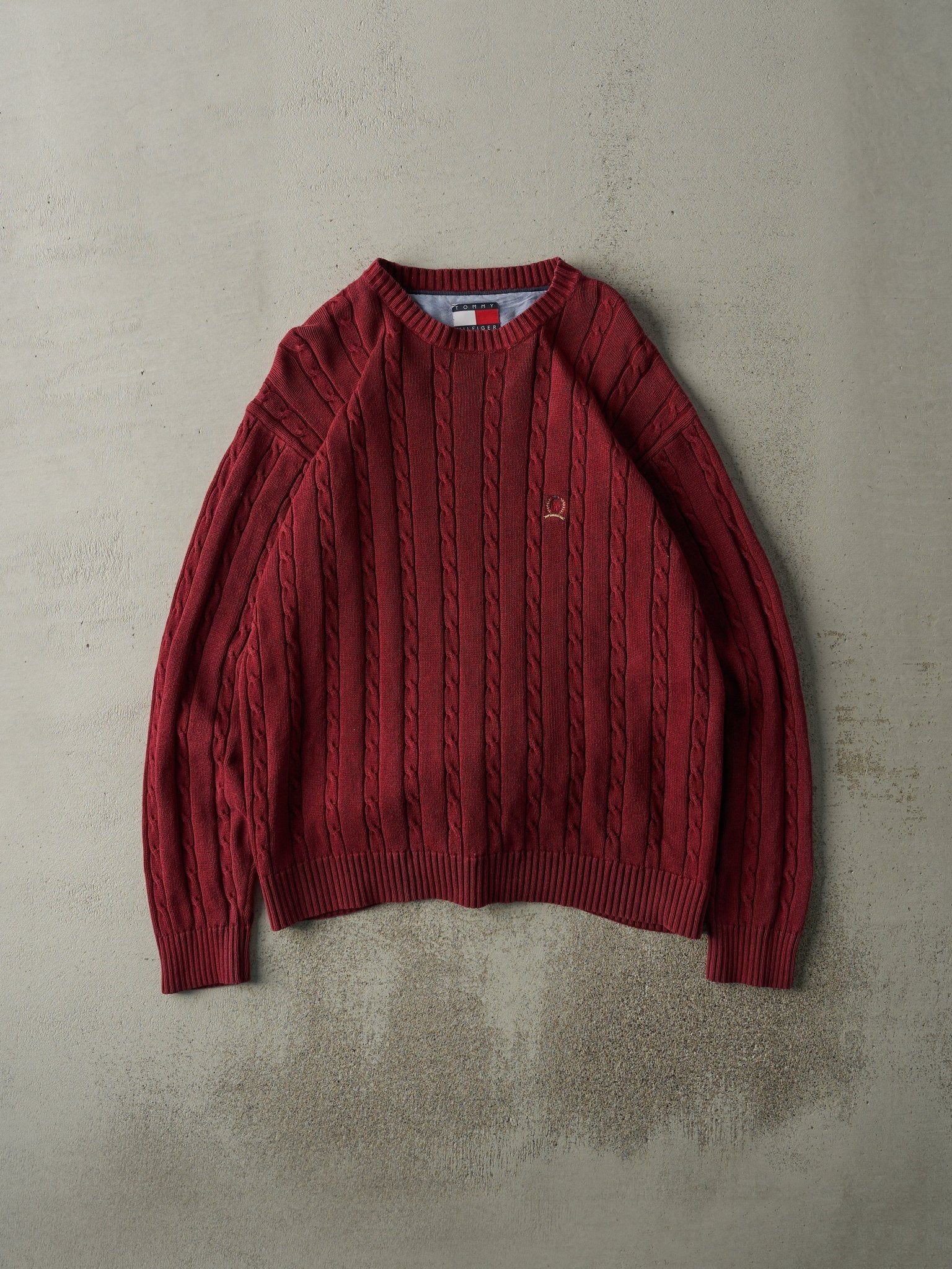 Vintage 90s Red Tommy Hilfiger Cable Knit Pullover (L)