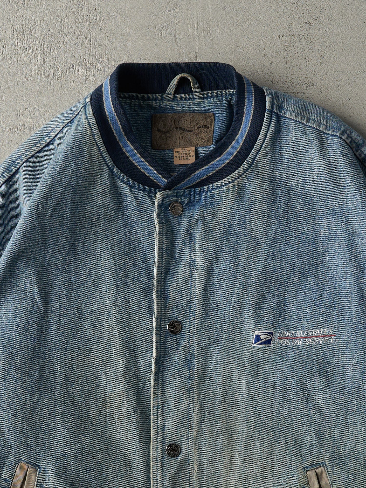 Vintage 90s Light Wash United States Postal Service Denim Varsity Jacket (XL)