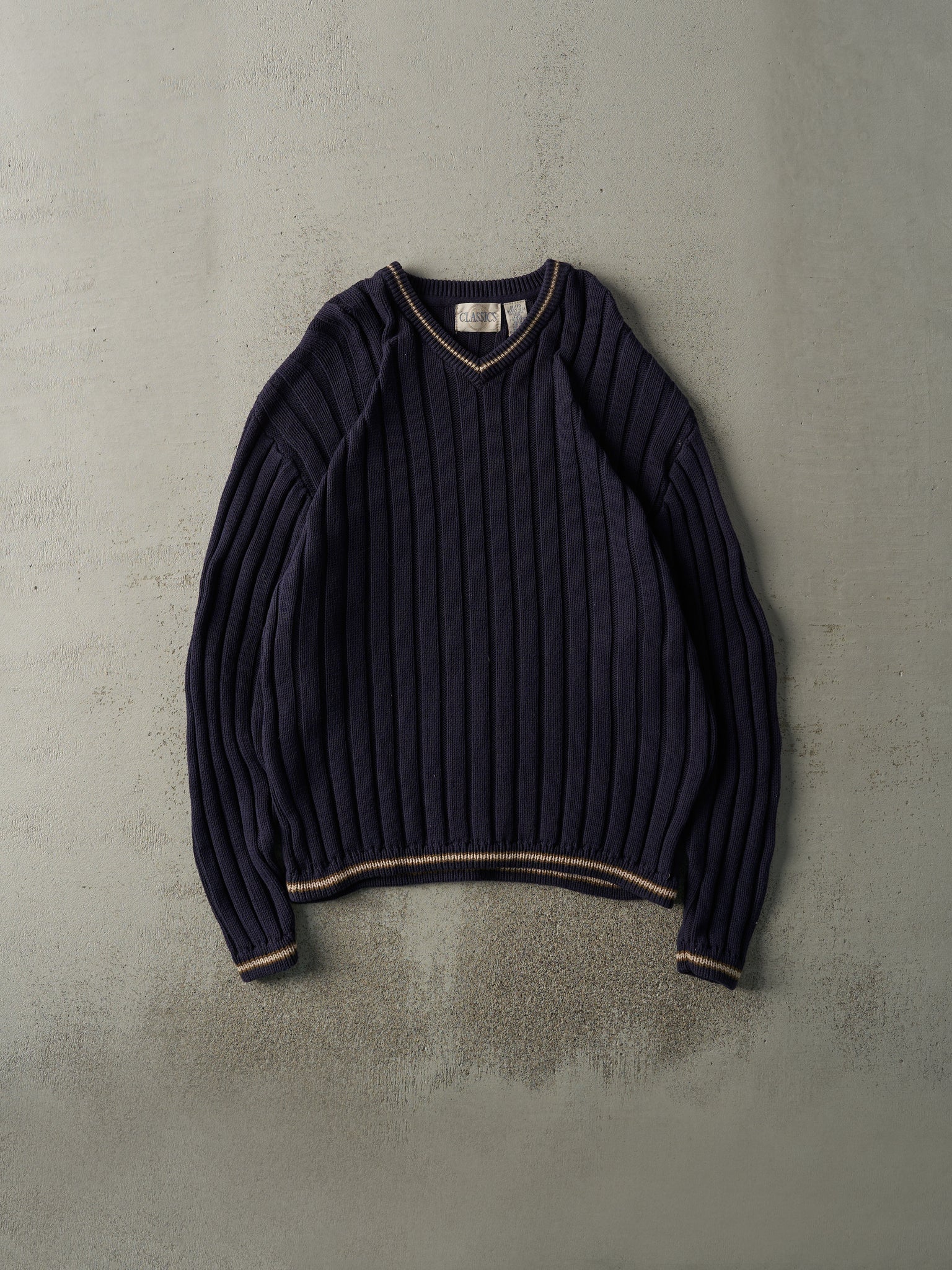 Vintage 80s Navy Blue Chunky Knit V-Neck Sweater (L)