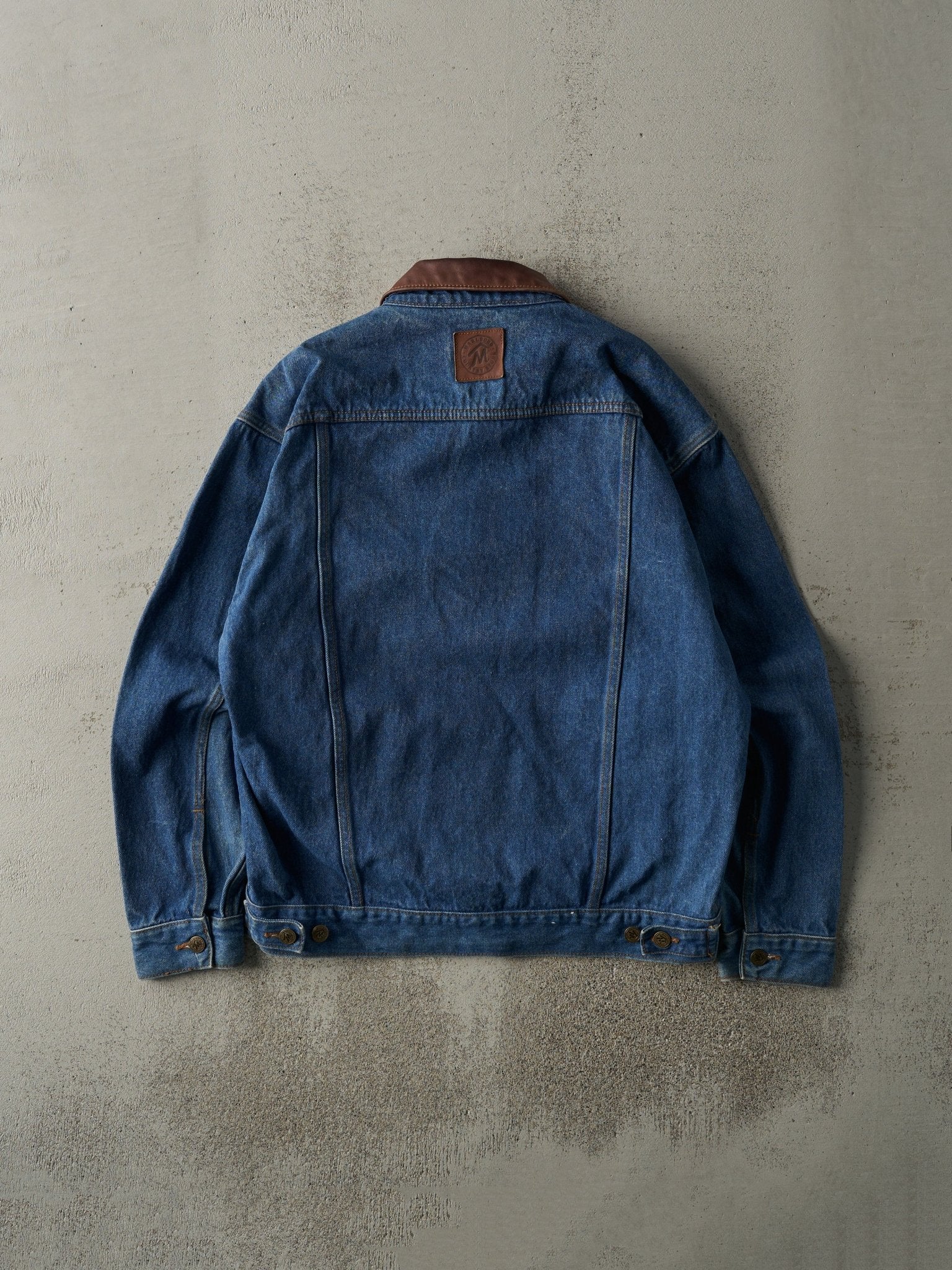 Vintage 80s Dark Wash Marlboro Leather Collared Denim Jacket (M/L)