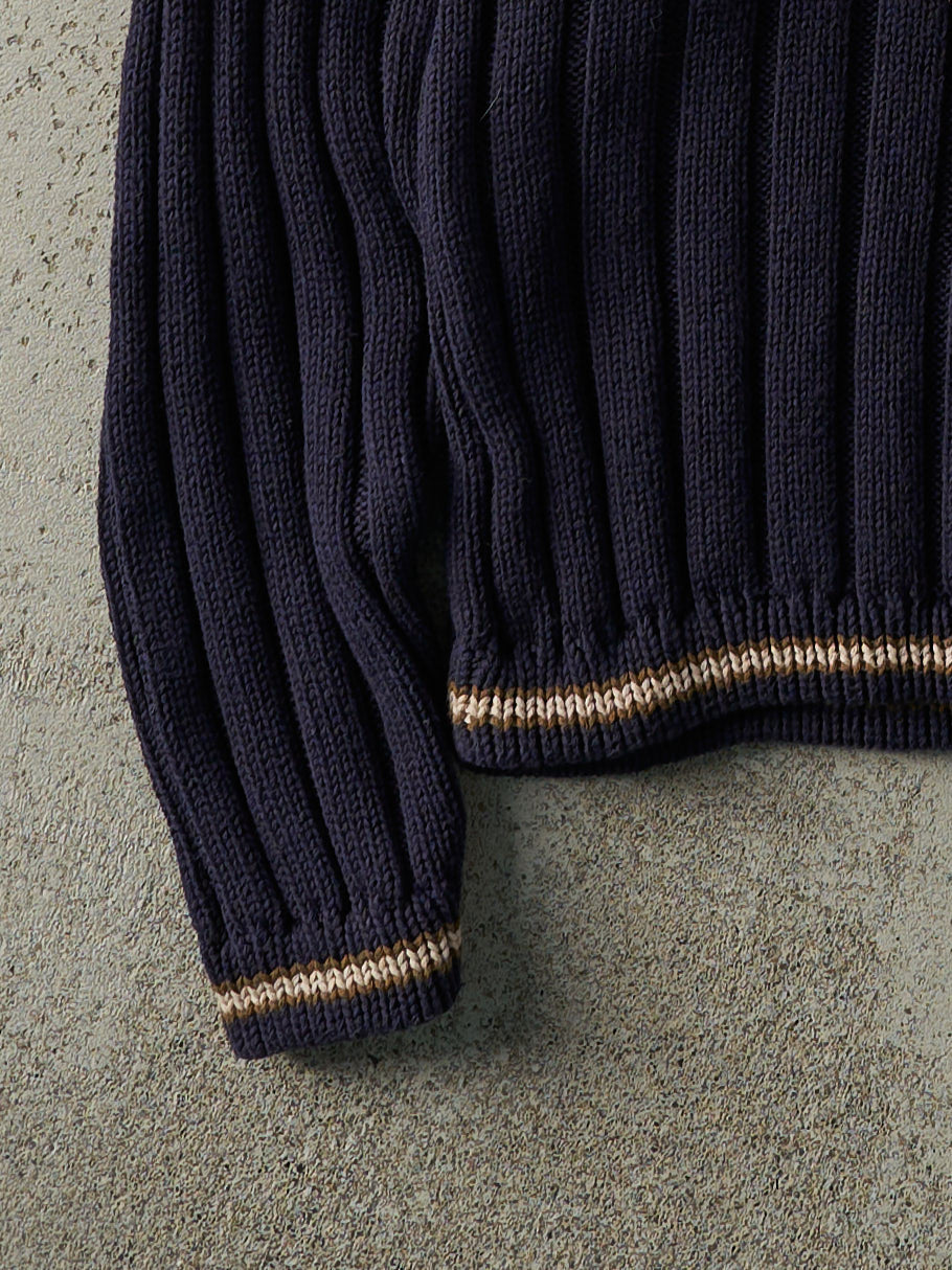 Vintage 80s Navy Blue Chunky Knit V-Neck Sweater (L)