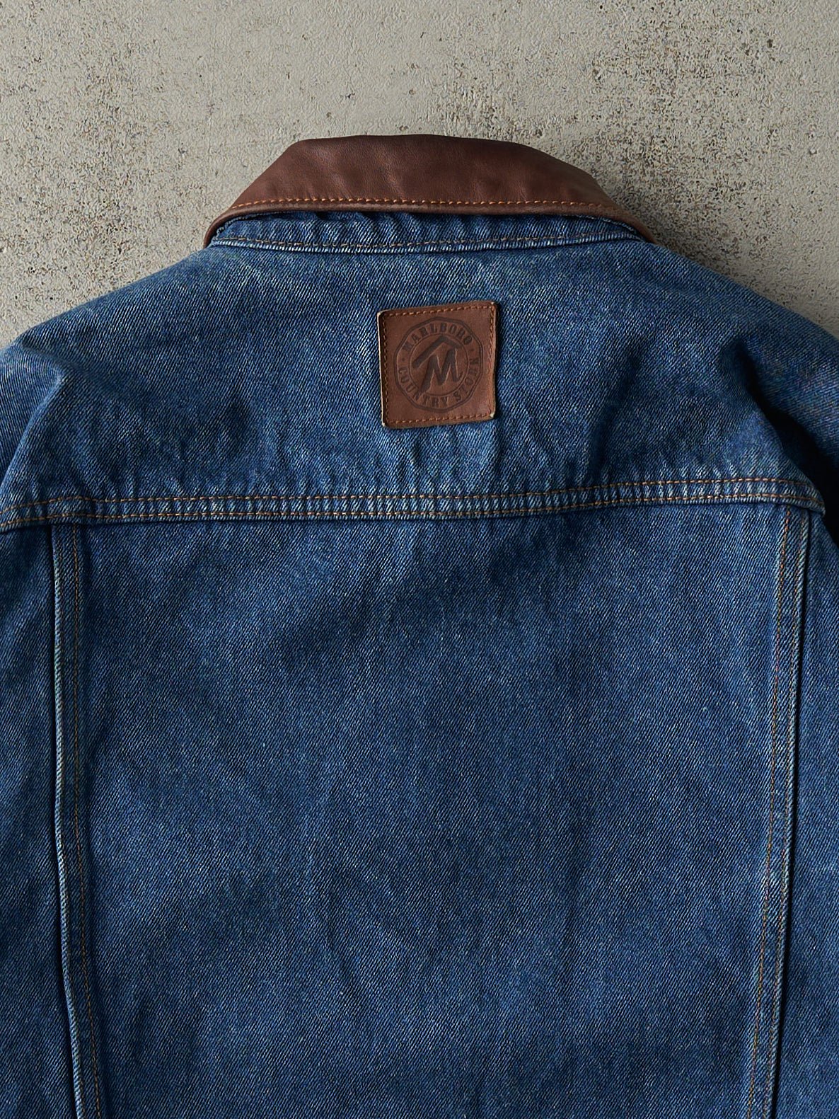 Vintage 80s Dark Wash Marlboro Leather Collared Denim Jacket (M/L)