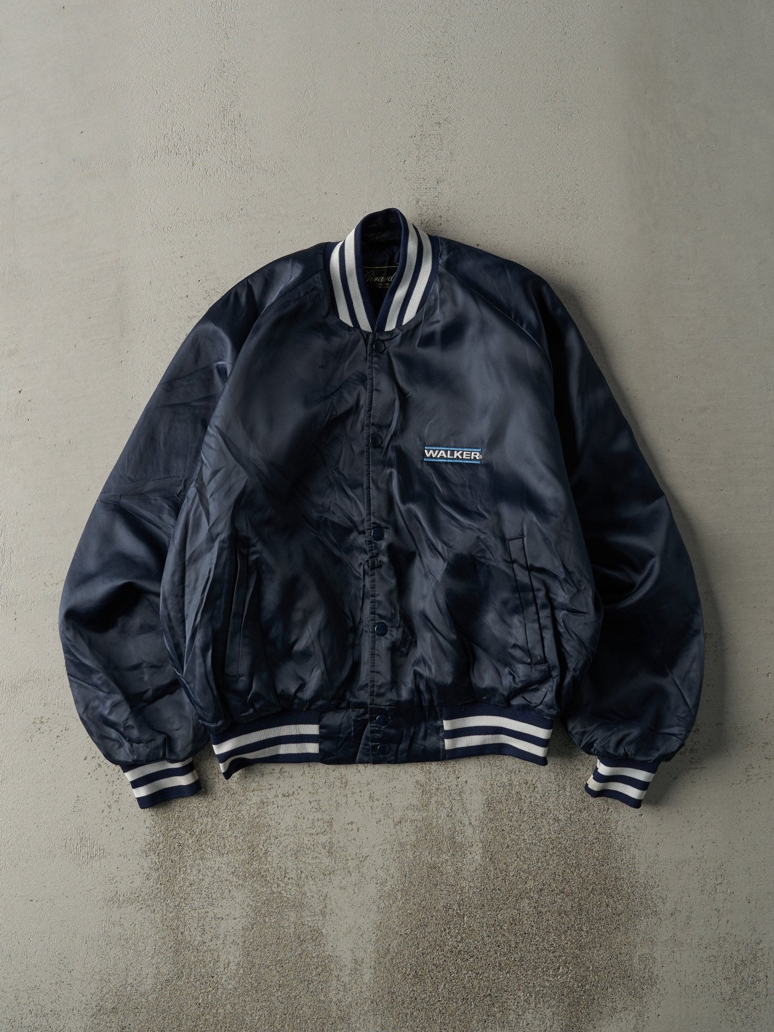 Vintage 80s Navy Blue Embroidered Walker Boxy Satin Bomber (L)