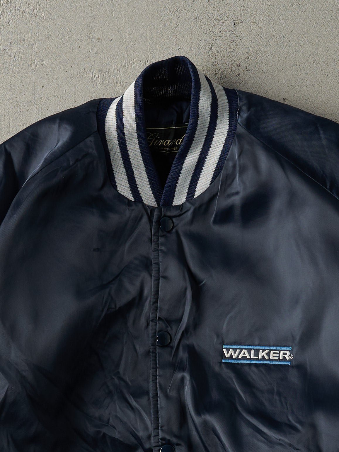 Vintage 80s Navy Blue Embroidered Walker Boxy Satin Bomber (L)
