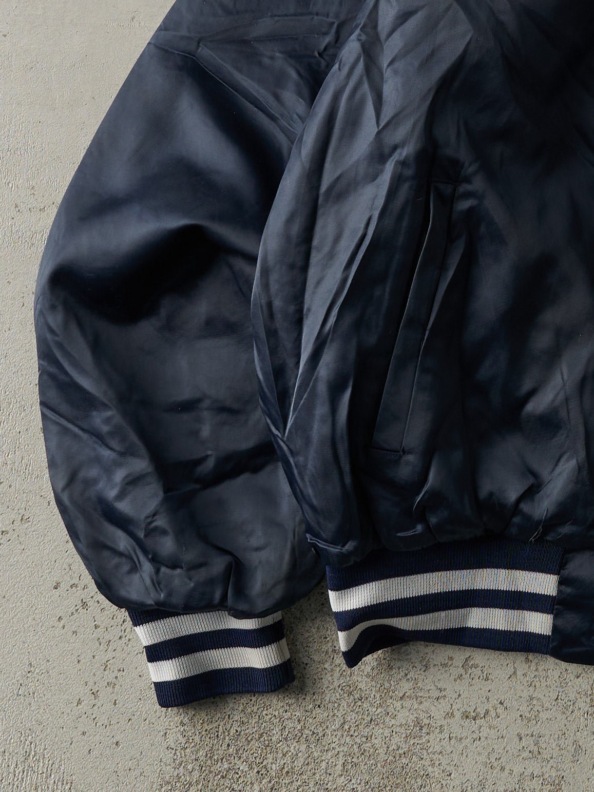 Vintage 80s Navy Blue Embroidered Walker Boxy Satin Bomber (L)