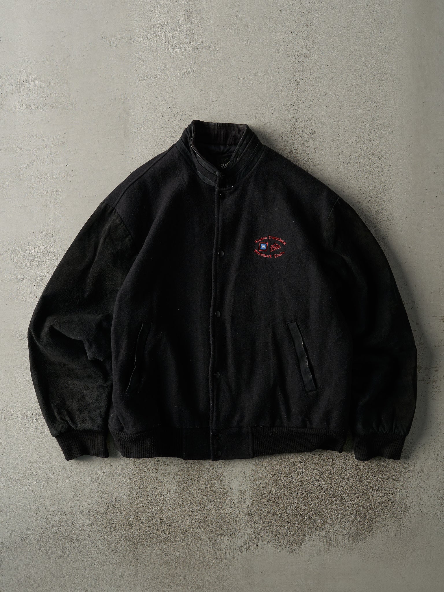 Vintage 90s Black Embroidered Wool & Leather Varsity Jacket (M)