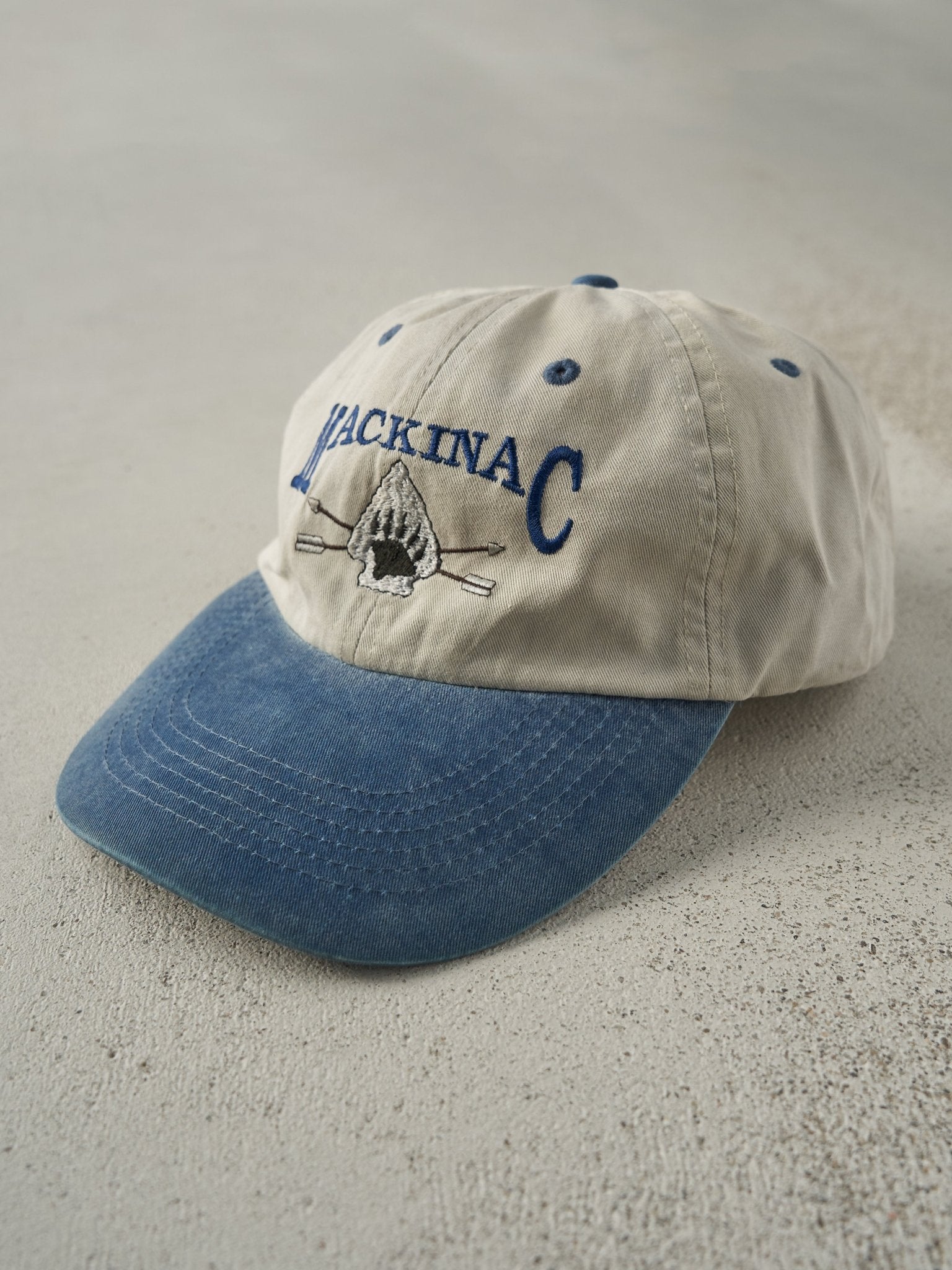 Vintage 90s Beige & Blue Embroidered Mackinac Strapback Hat