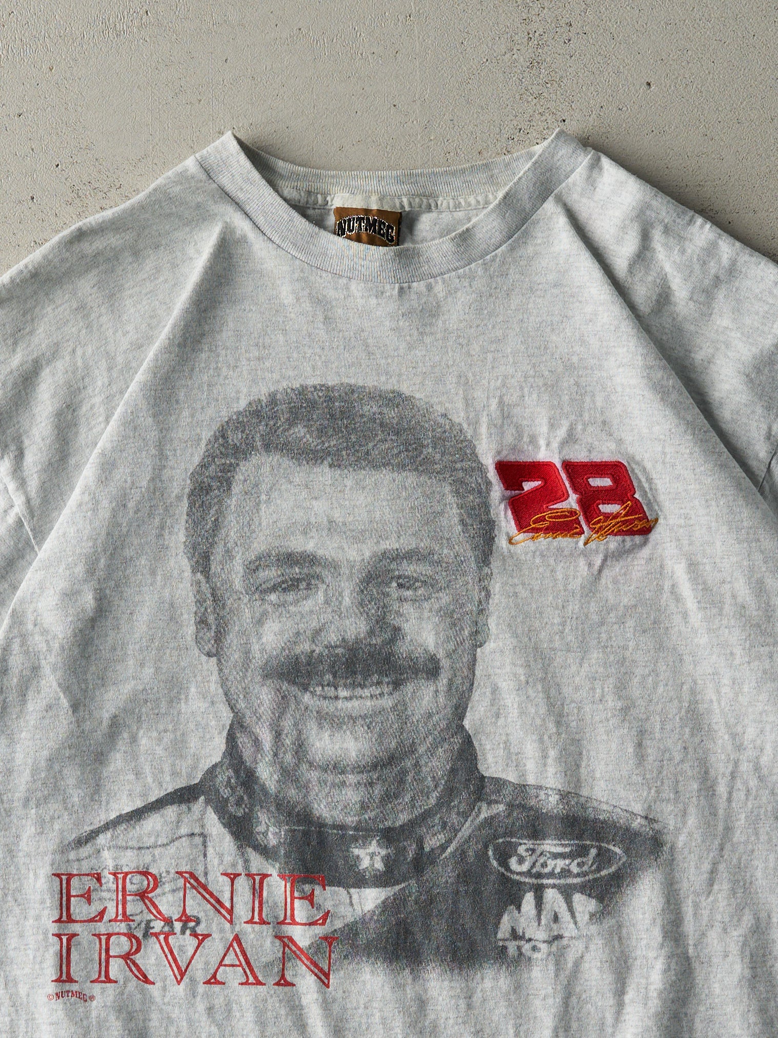 Vintage 90s Heather Grey Embroidered Ernie Irvan Nascar Racing Single Stitch Tee (L)