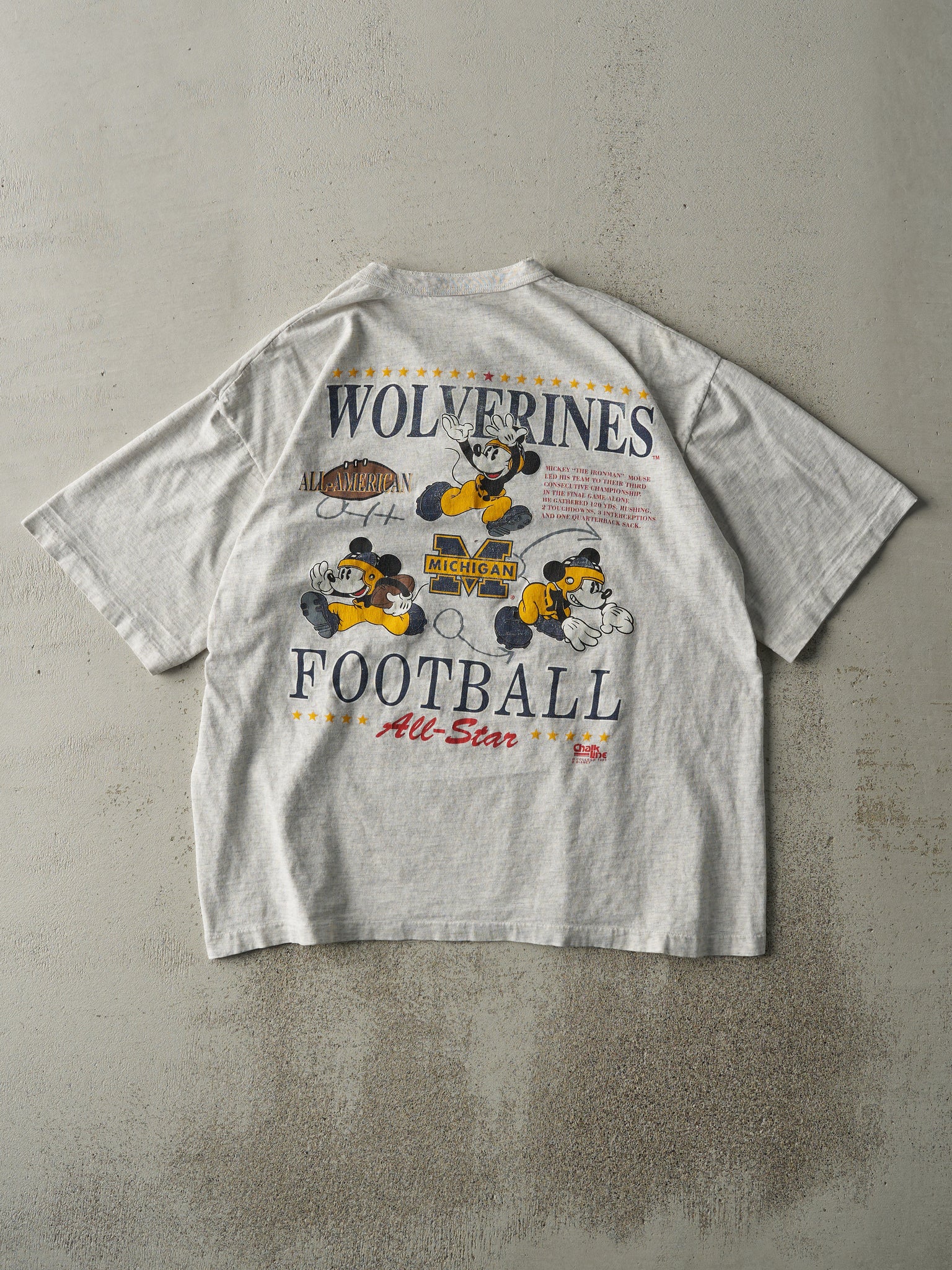 Vintage 93' Heather Grey University of Michigan Wolverines x Disney Quarter Button Tee (M)