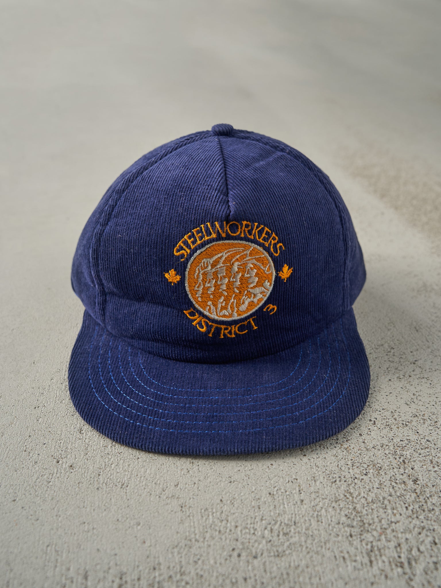 Vintage 80s Navy Blue Embroidered SteelWorkers Corduroy Foam Snapback Hat