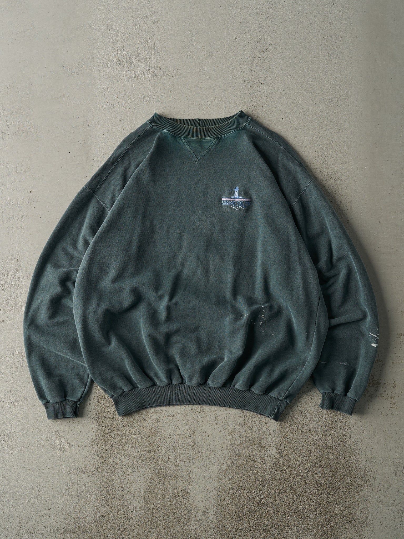 Vintage 90s Washed Green Embroidered Logo Boxy Crewneck (XL)