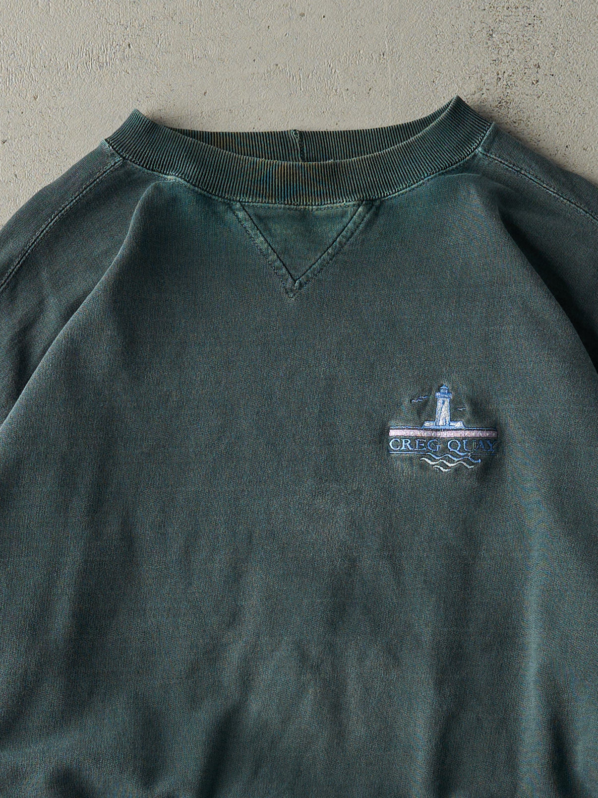 Vintage 90s Washed Green Embroidered Logo Boxy Crewneck (XL)