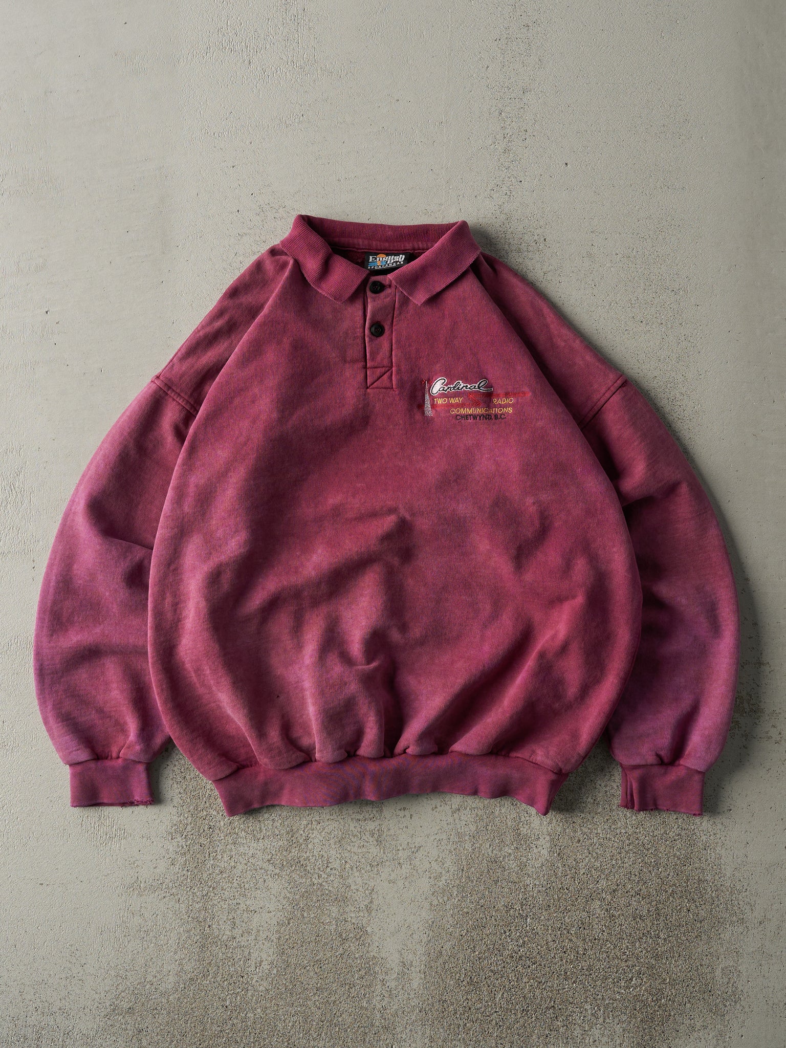 Vintage 90s Washed Burgundy Embroidered Logo Quarter Button Sweatshirt (L)