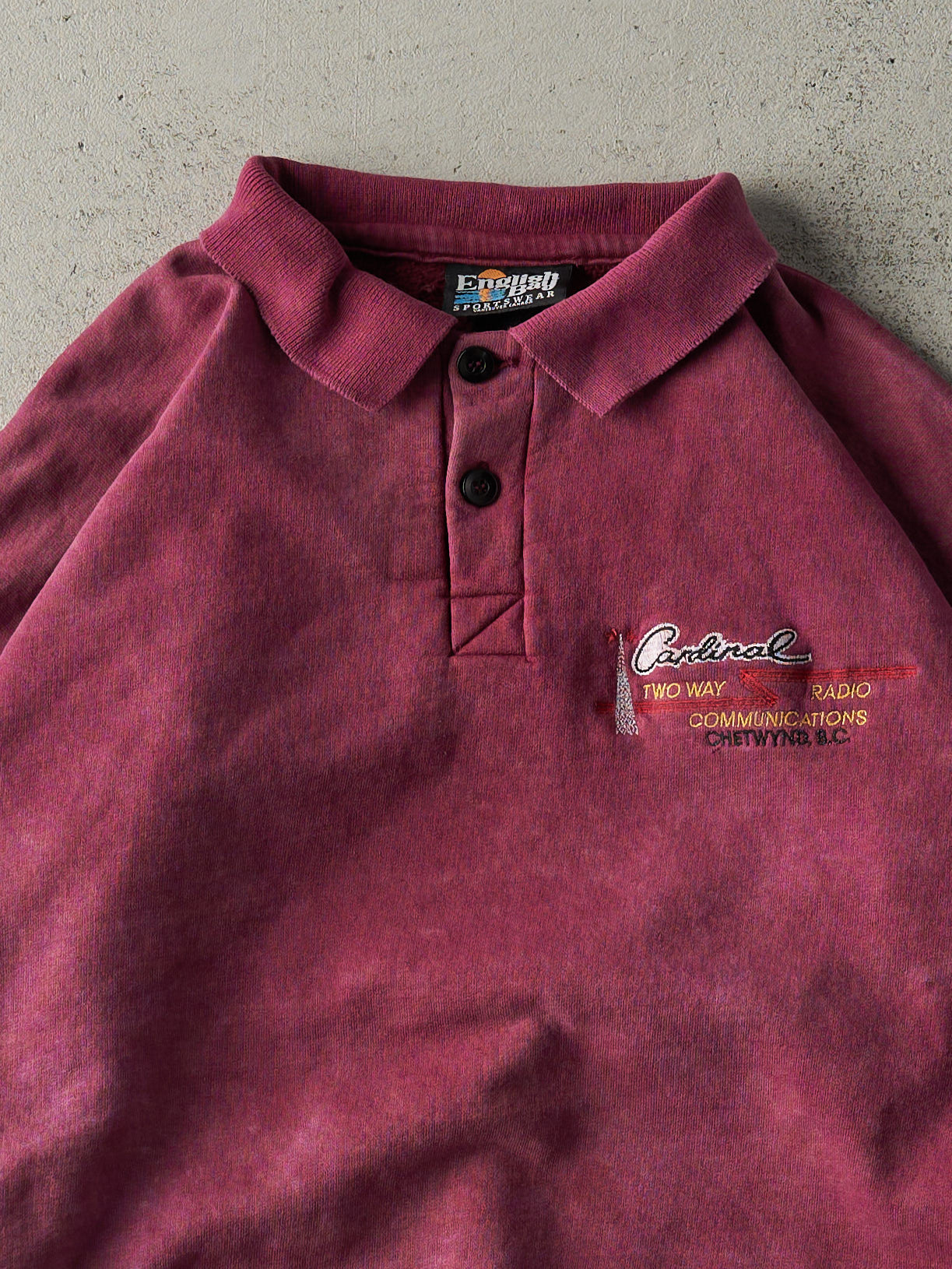 Vintage 90s Washed Burgundy Embroidered Logo Quarter Button Sweatshirt (L)