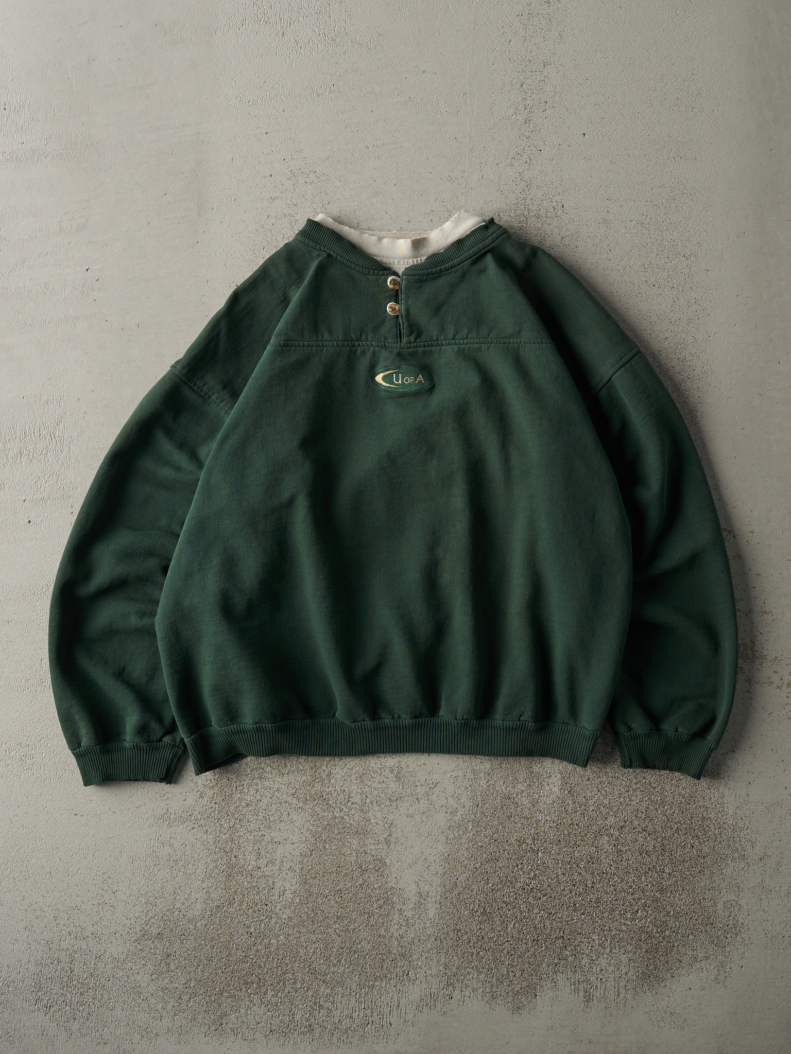 Vintage 90s Forest Green Embroidered U of A Double Neck Quarter Button Crewneck (L)