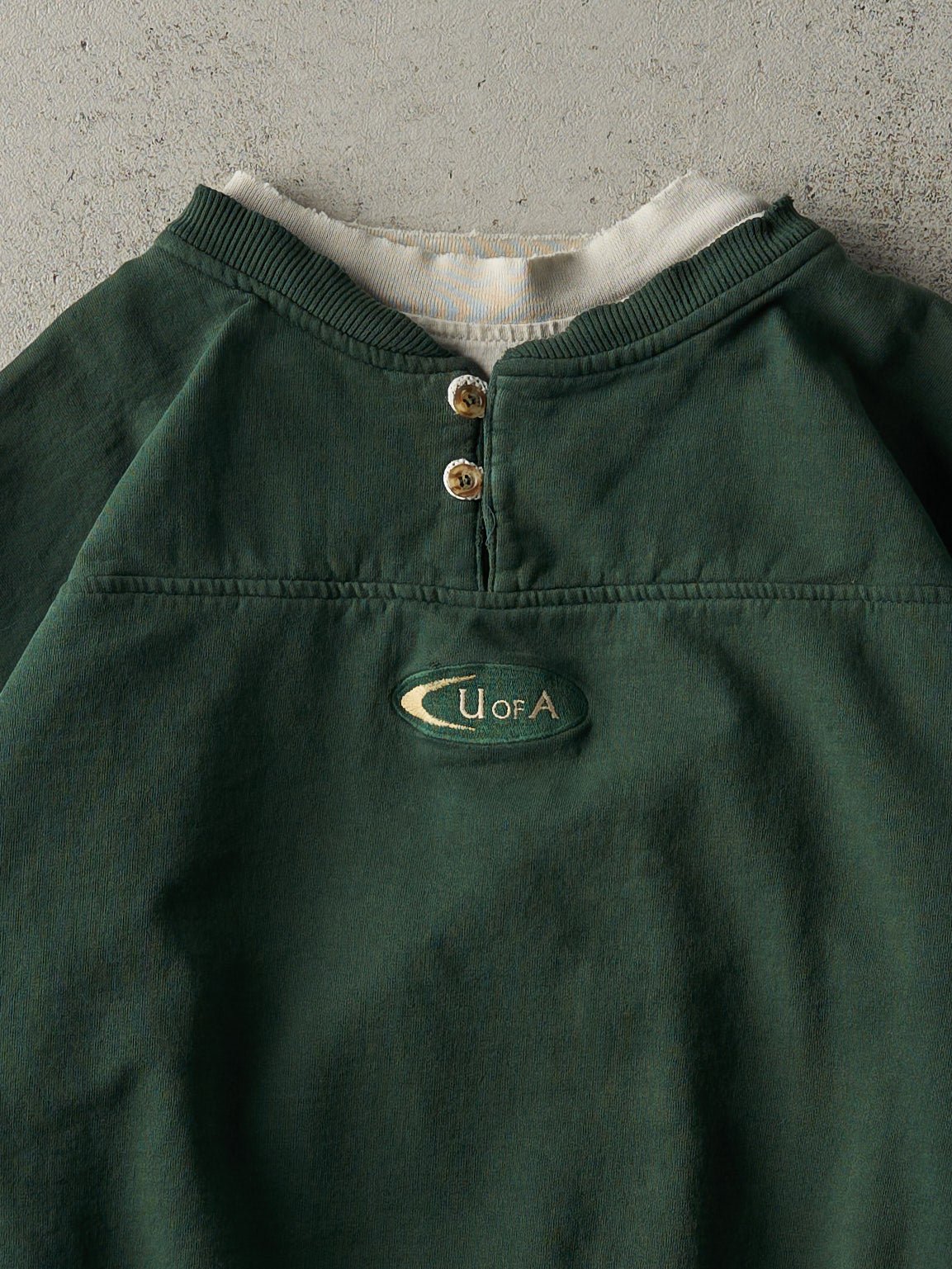 Vintage 90s Forest Green Embroidered U of A Double Neck Quarter Button Crewneck (L)