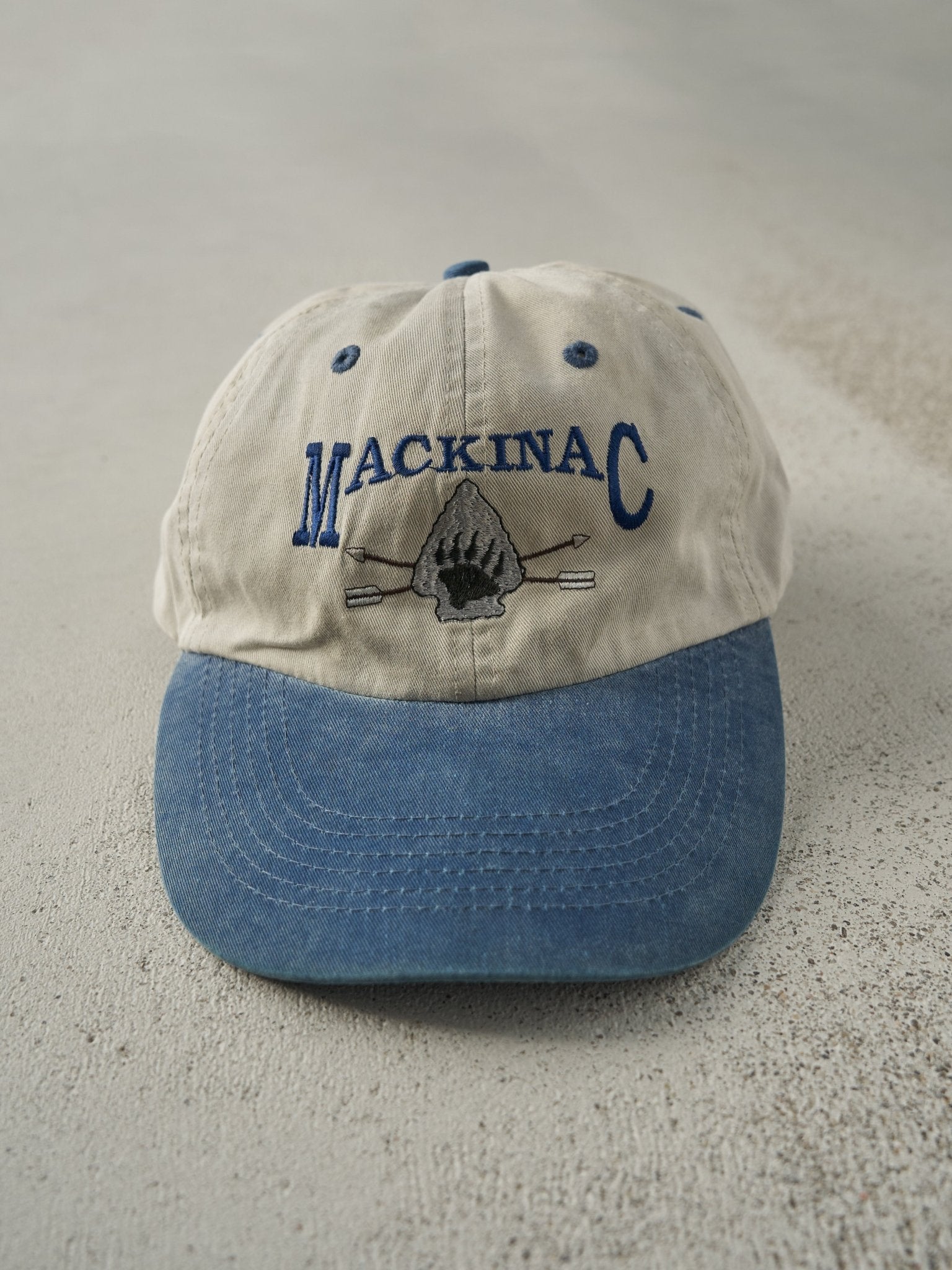 Vintage 90s Beige & Blue Embroidered Mackinac Strapback Hat