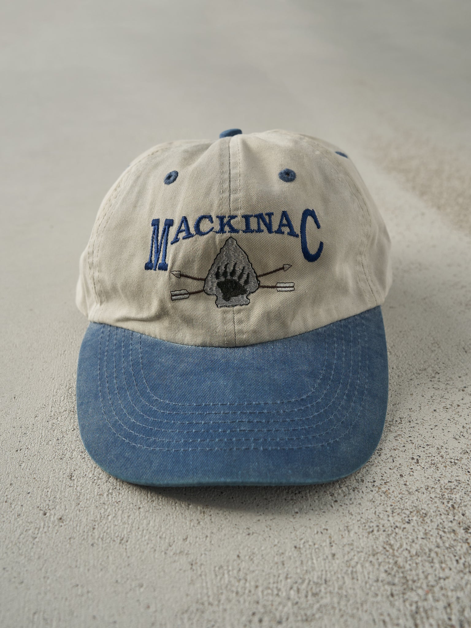 Vintage 90s Beige & Blue Embroidered Mackinac Strap Back Hat