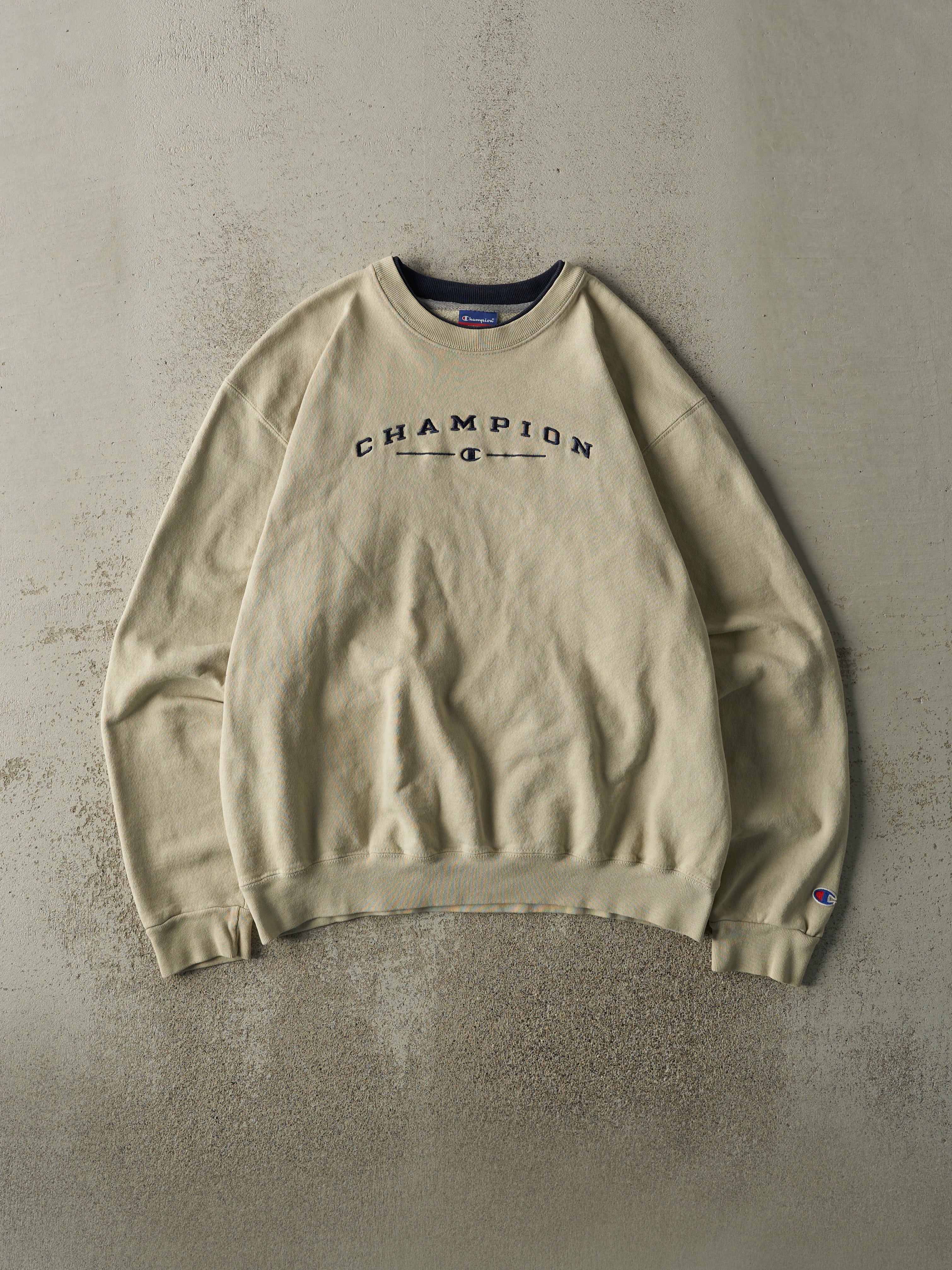 Vintage 90s Beige Champion Double Neck Embroidered Crewneck (M/L)