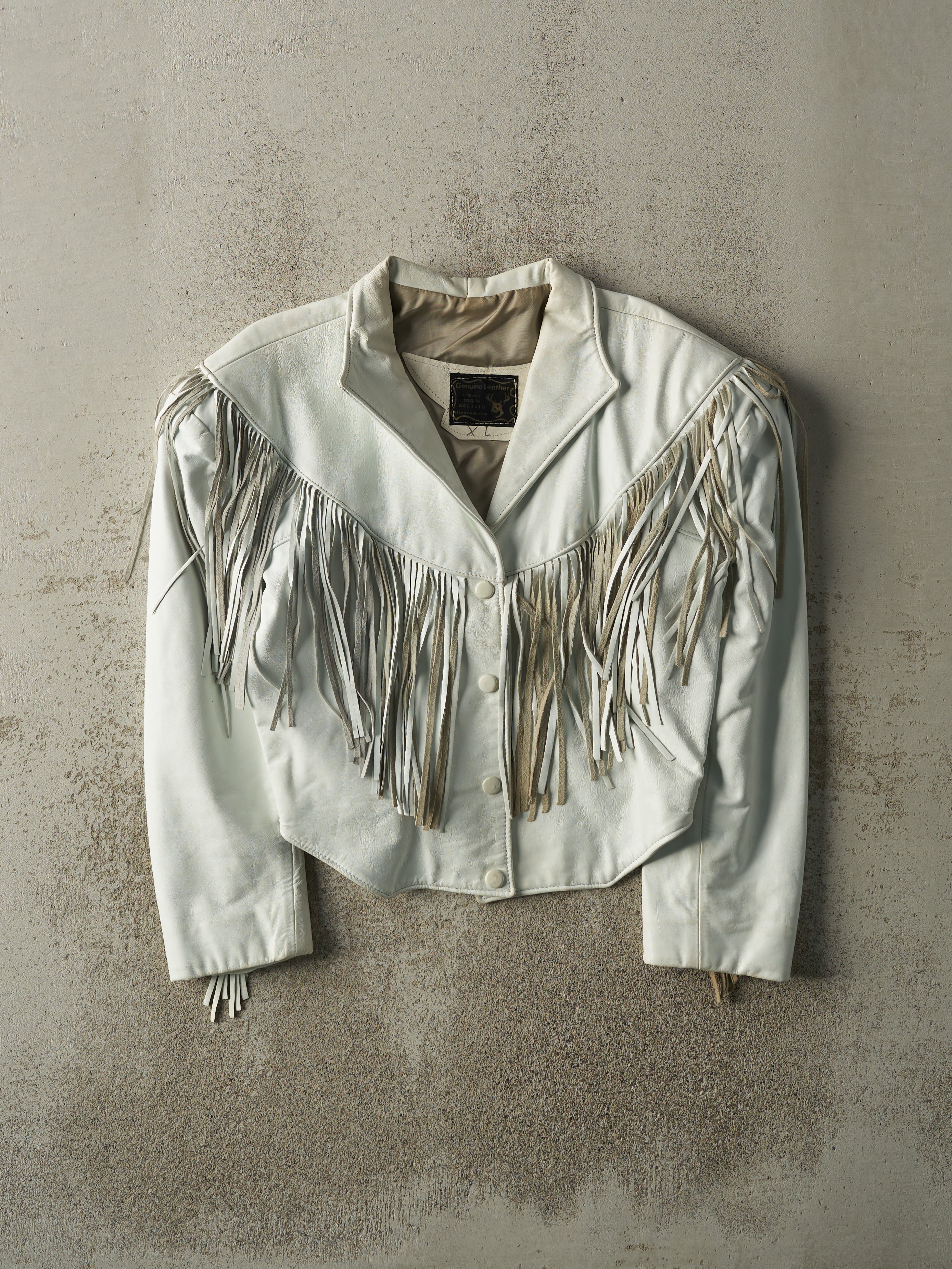 Vintage 80s White Leather Tassel Jacket (XS)