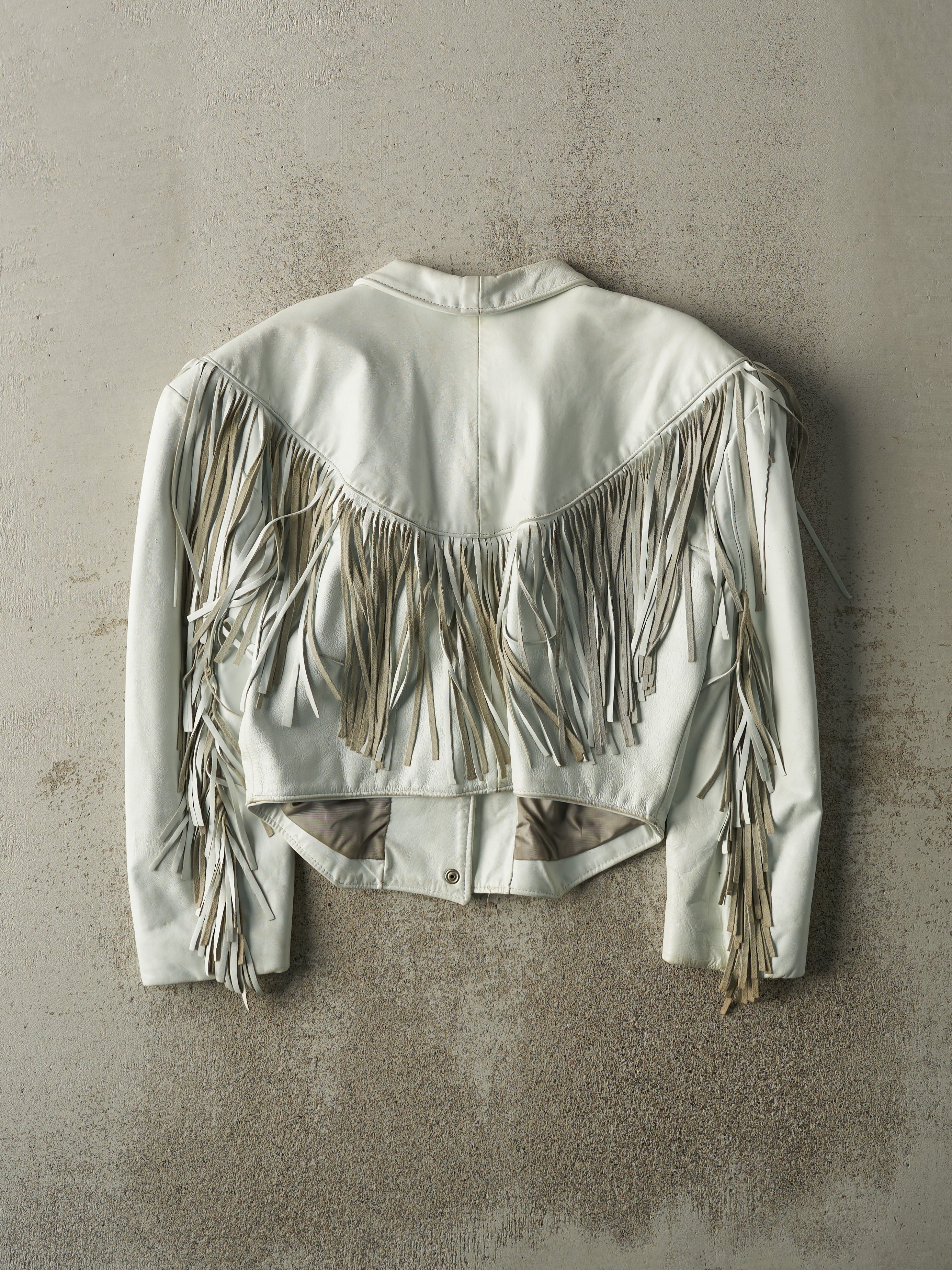Vintage 80s White Leather Tassel Jacket (XS)