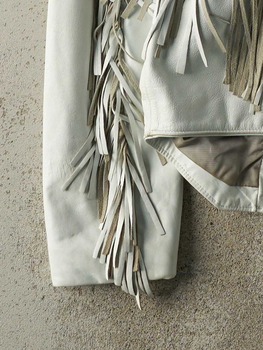 Vintage 80s White Leather Tassel Jacket (XS)