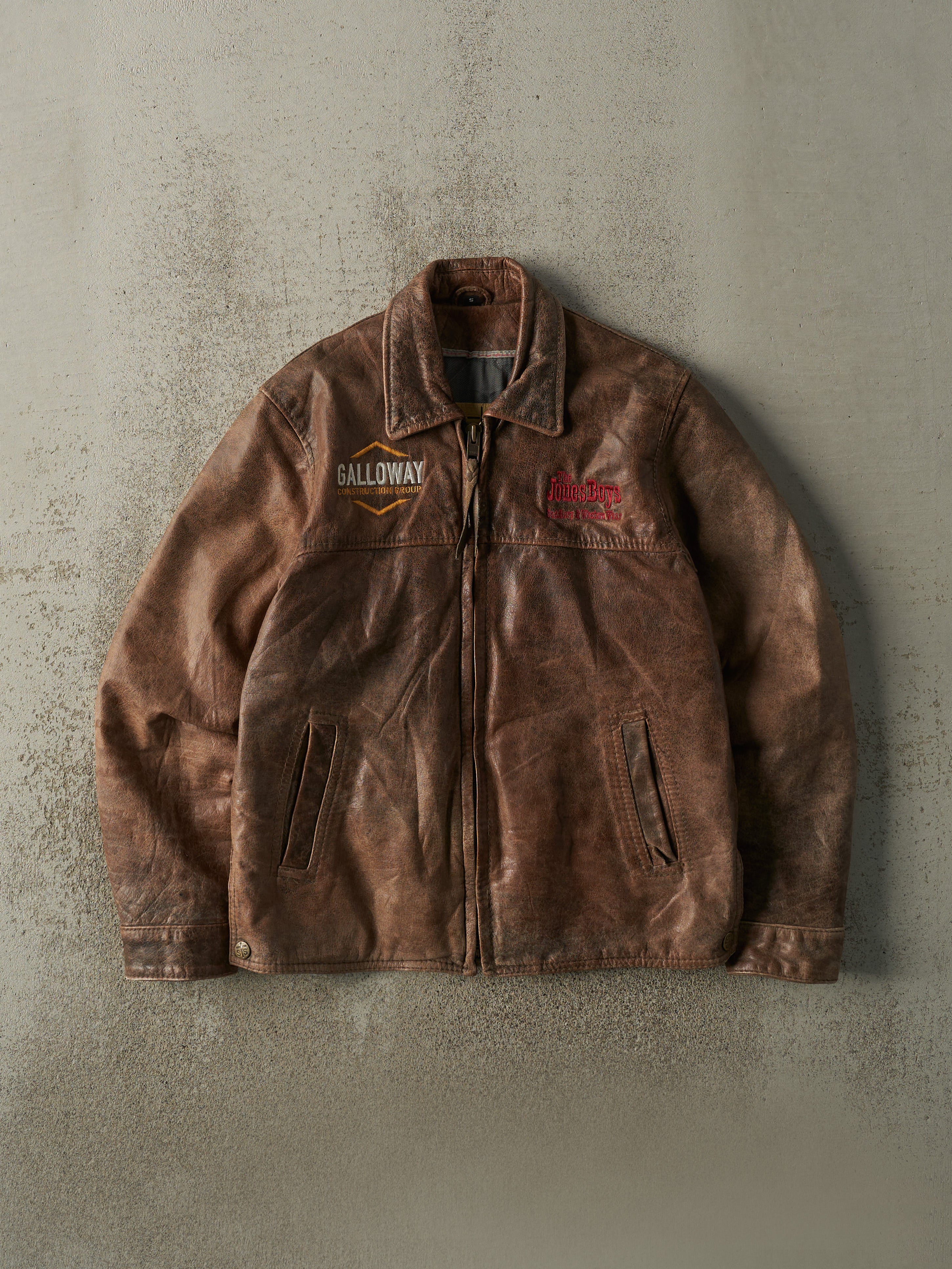 Vintage Y2K Brown Embroidered Leather Jacket (S/M)