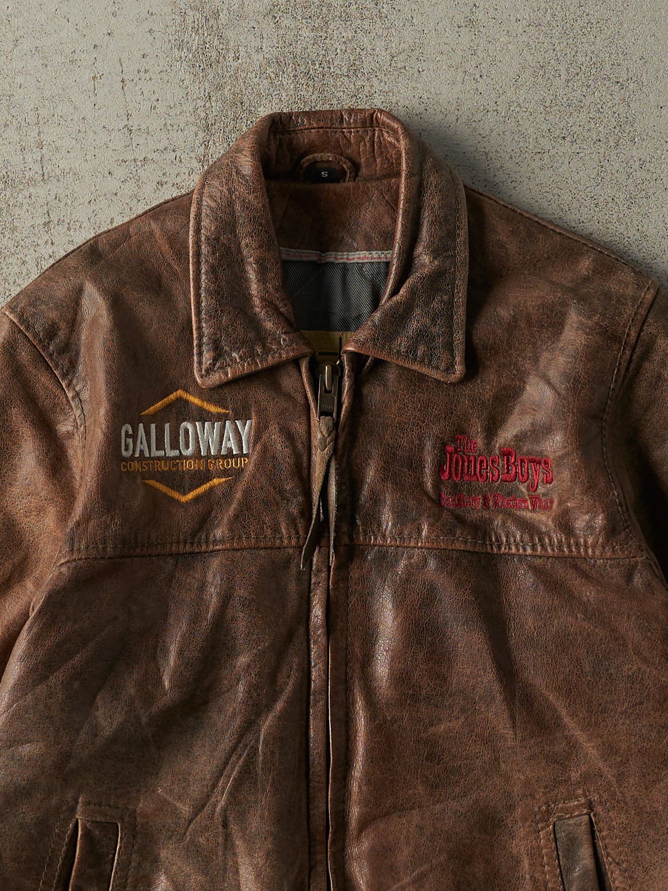 Vintage Y2K Brown Embroidered Leather Jacket (S/M)