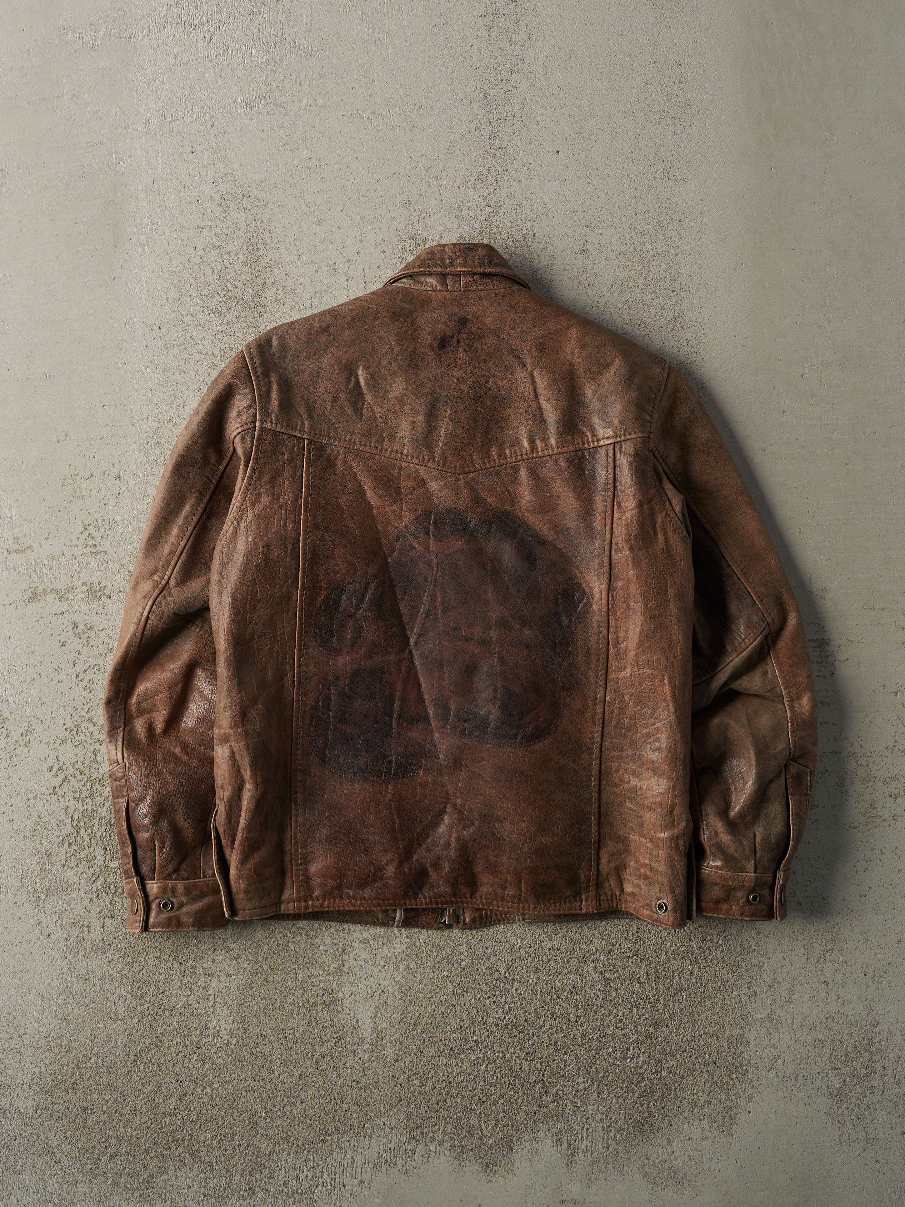 Vintage Y2K Brown Embroidered Leather Jacket (S/M)