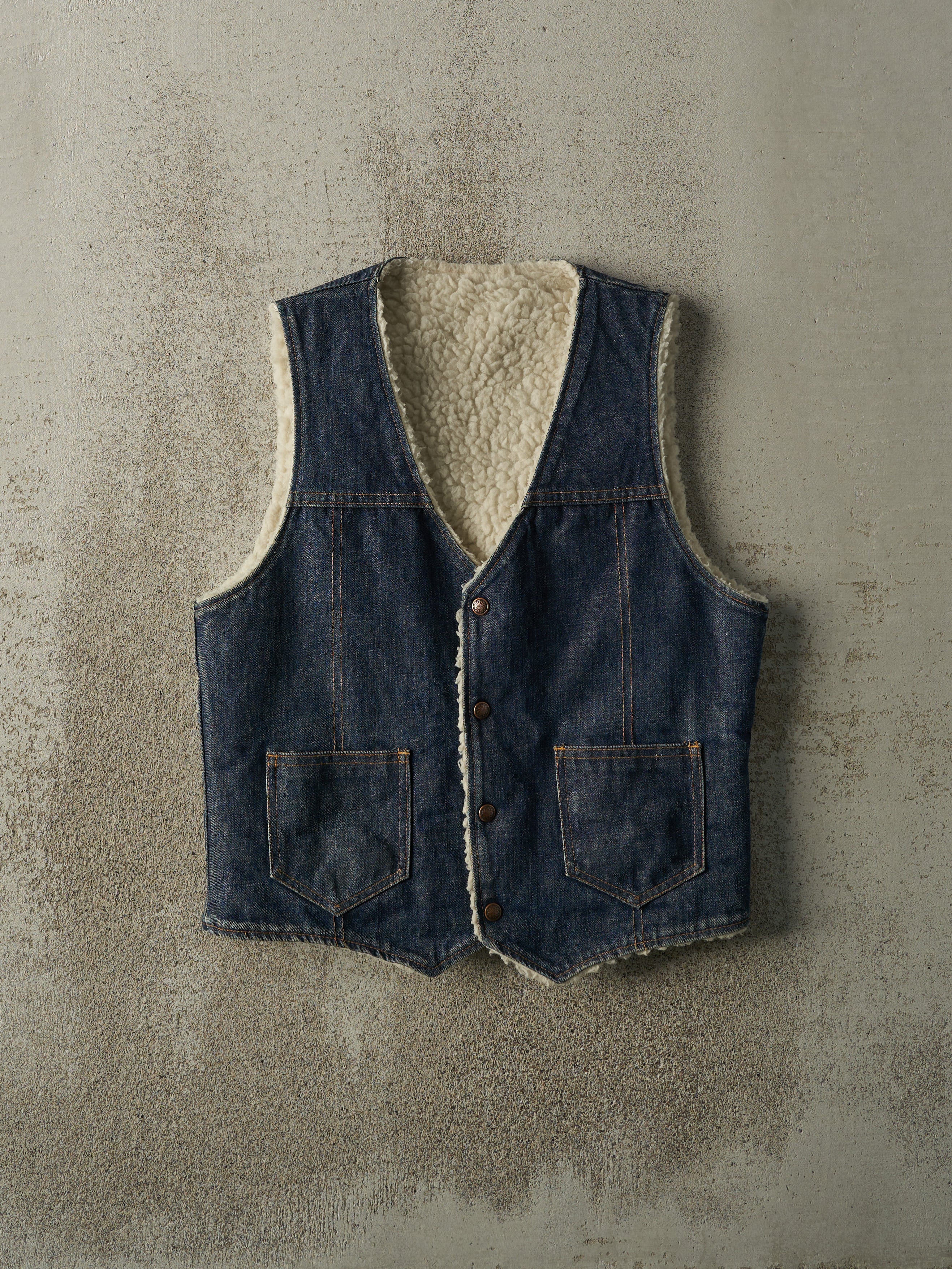 Vintage 70s Dark Wash Sherpa Lined Denim Vest (S/M)