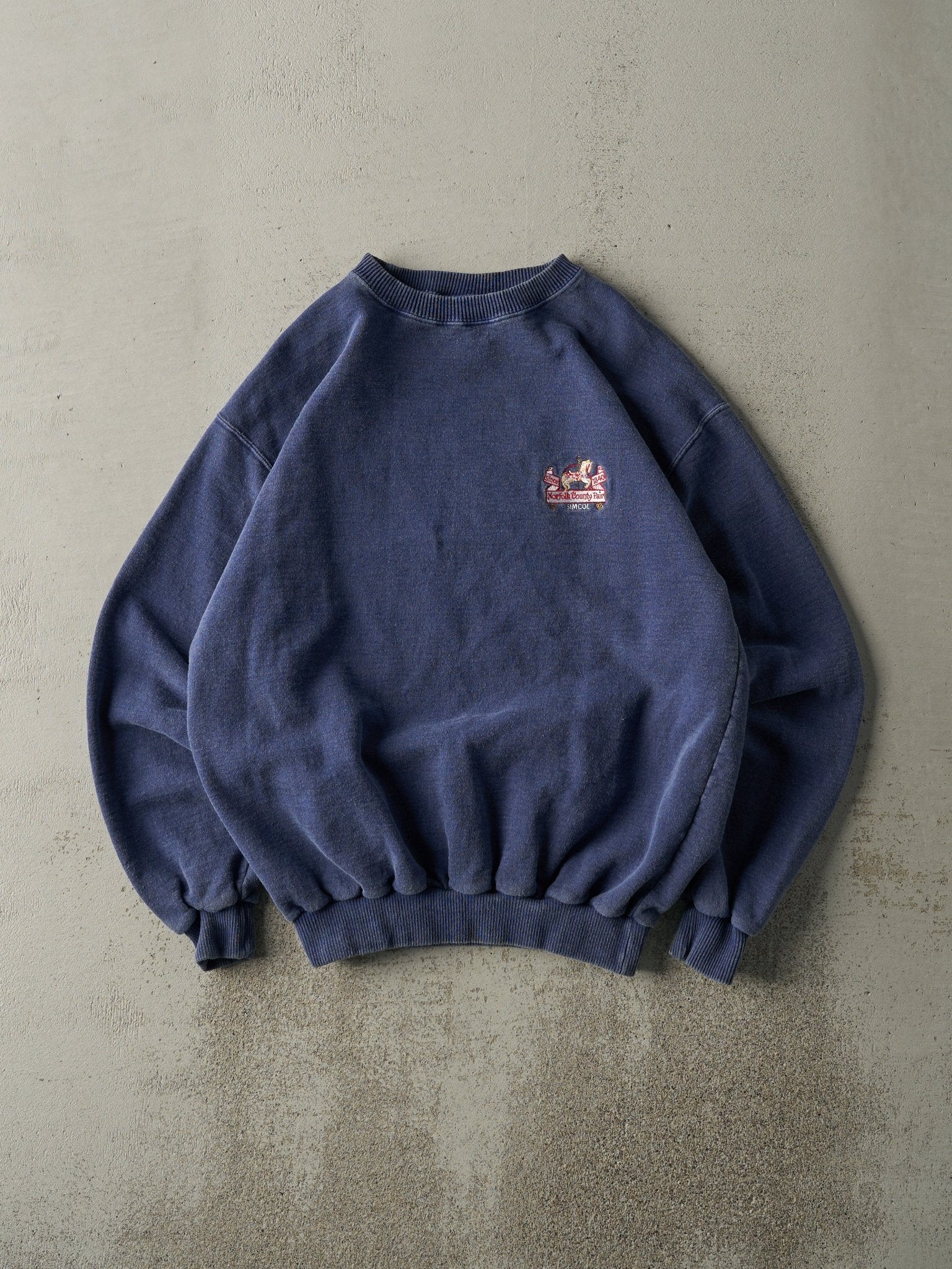 Vintage 90s Washed Navy Blue Embroidered Norfolk County Fair Crewneck (M)