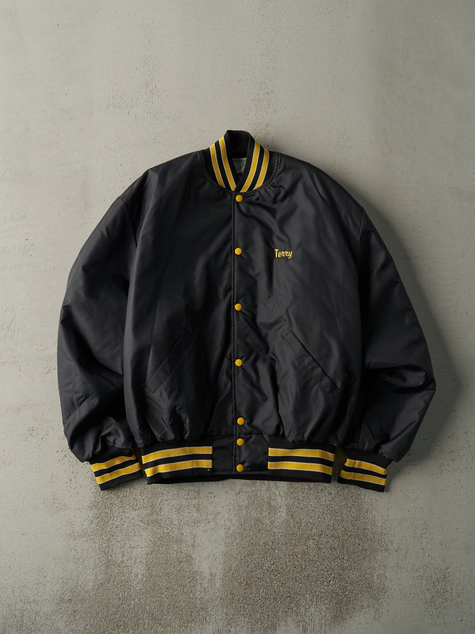 Vintage 80s Black & Yellow Embroidered Heiderscheidt Digging Nylon Bomber Jacket (L)