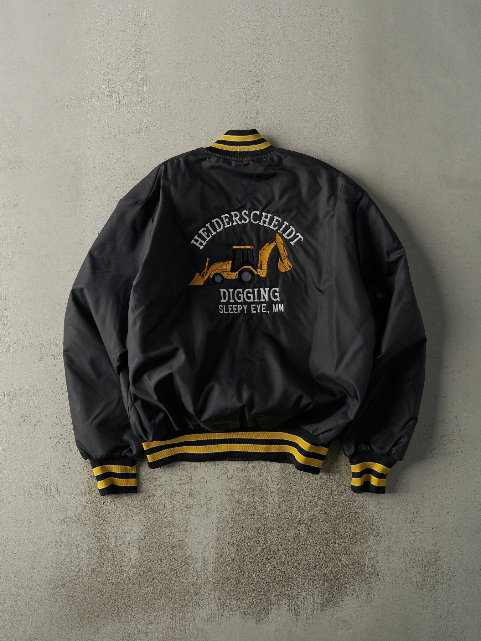 Vintage 80s Black & Yellow Embroidered Heiderscheidt Digging Nylon Bomber Jacket (L)