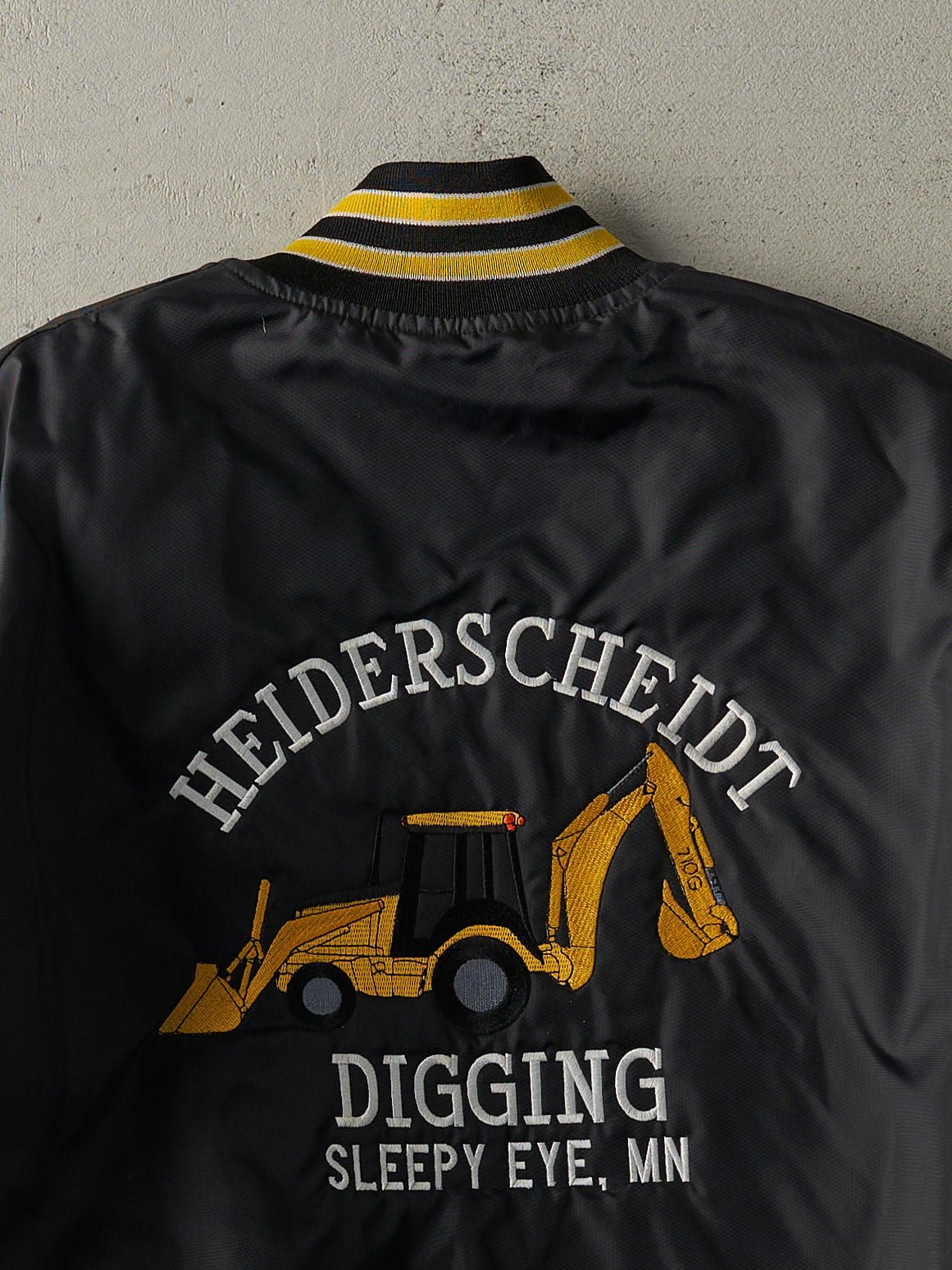 Vintage 80s Black & Yellow Embroidered Heiderscheidt Digging Nylon Bomber Jacket (L)