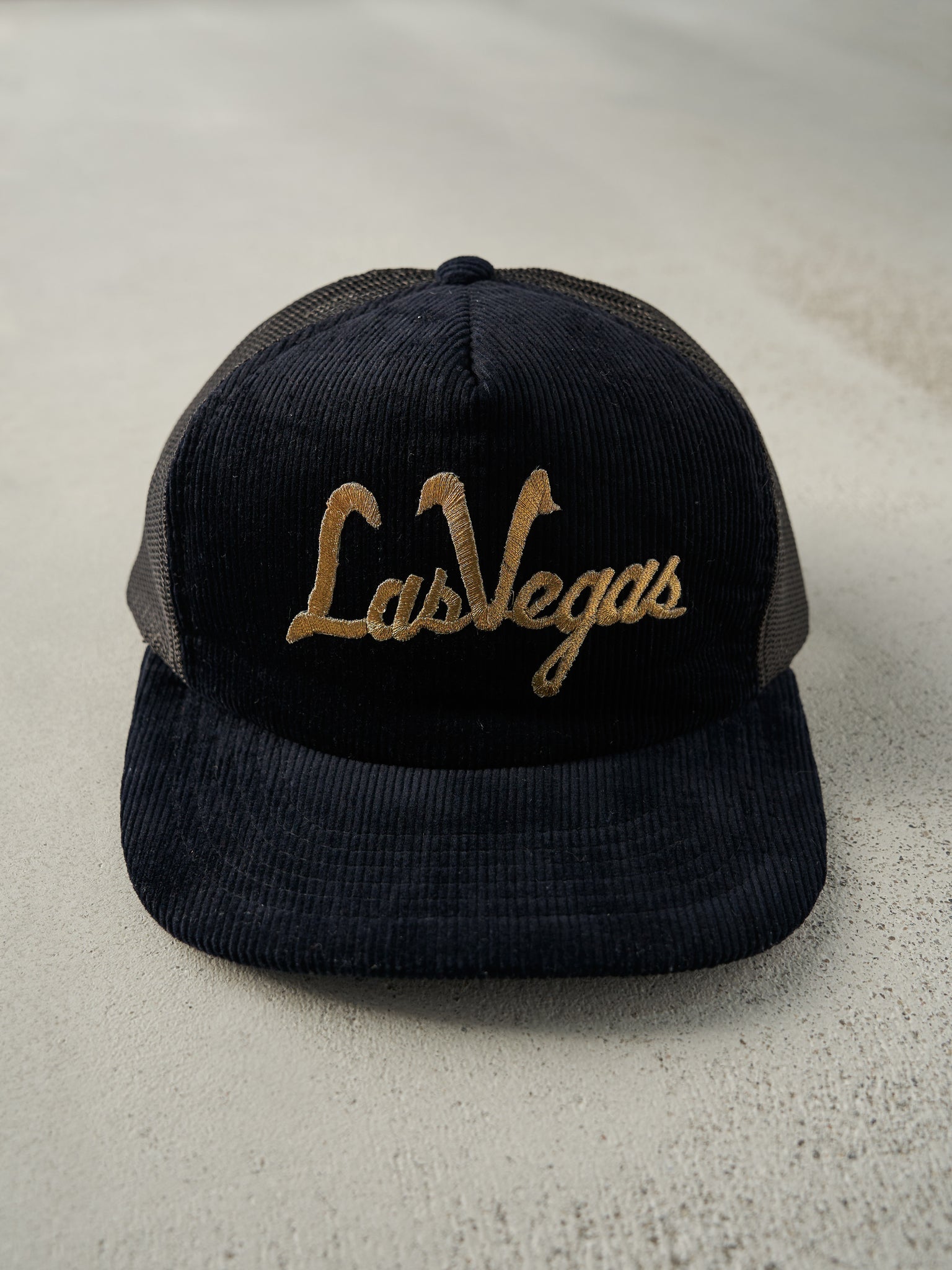 Vintage 80s Black Las Vegas Corduroy Foam Trucker Hat