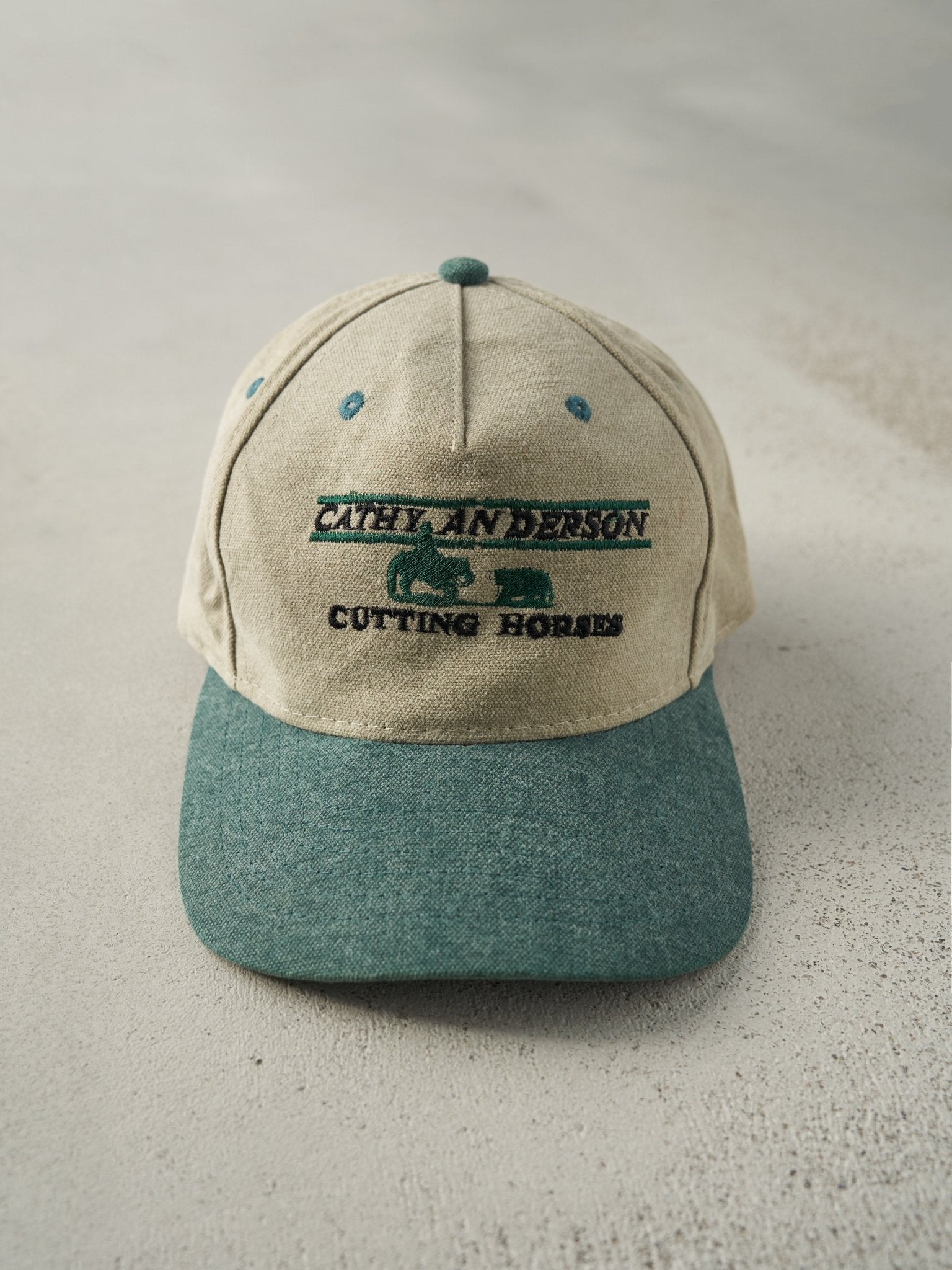 Vintage 90s Beige & Green Embroidered Cathy Anderson Strapback Hat